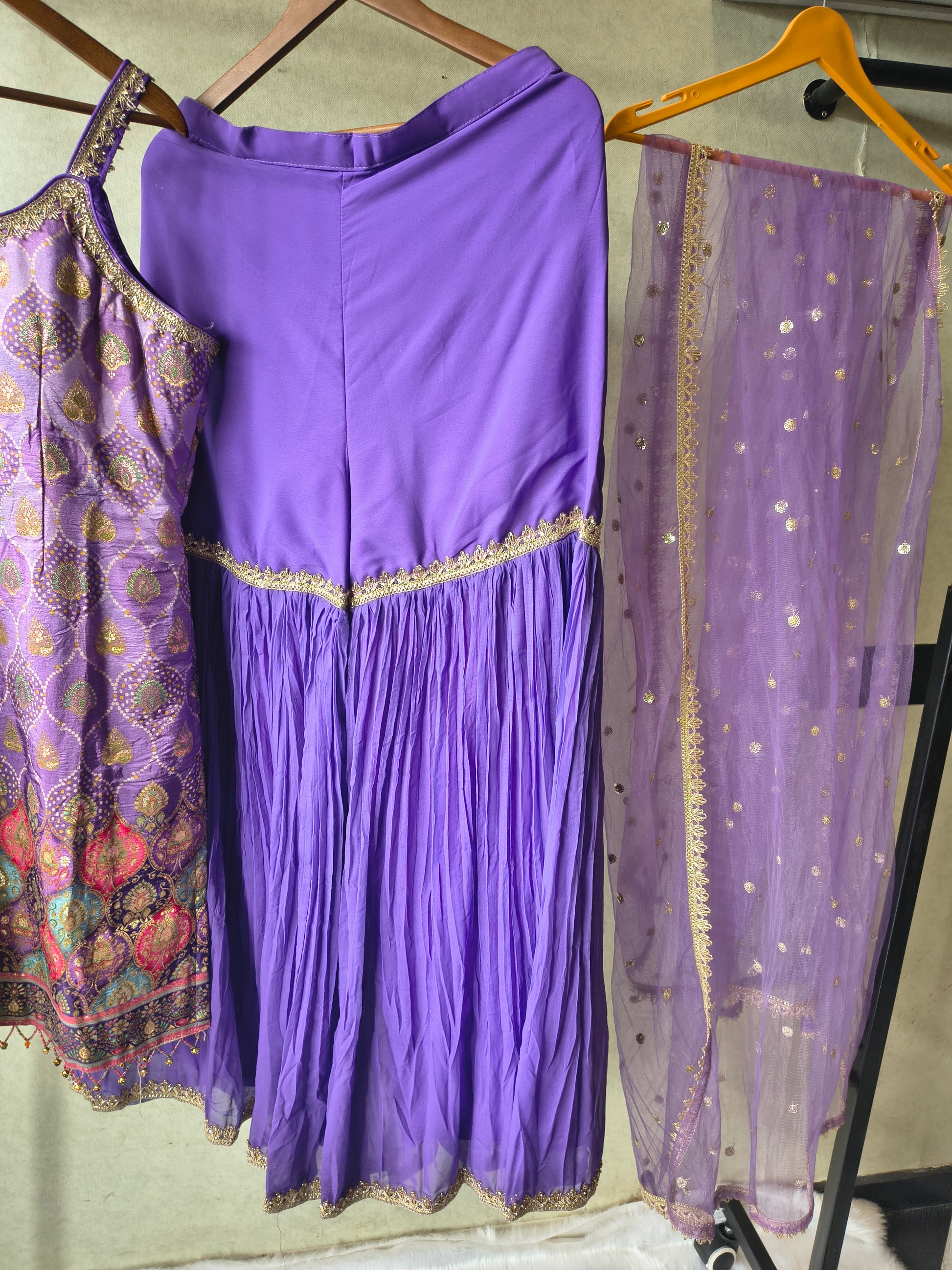Lavender Brocade Kurti Sharara Set with Sequinned Dupatta – Premium 3 Piece Festive Ensemble