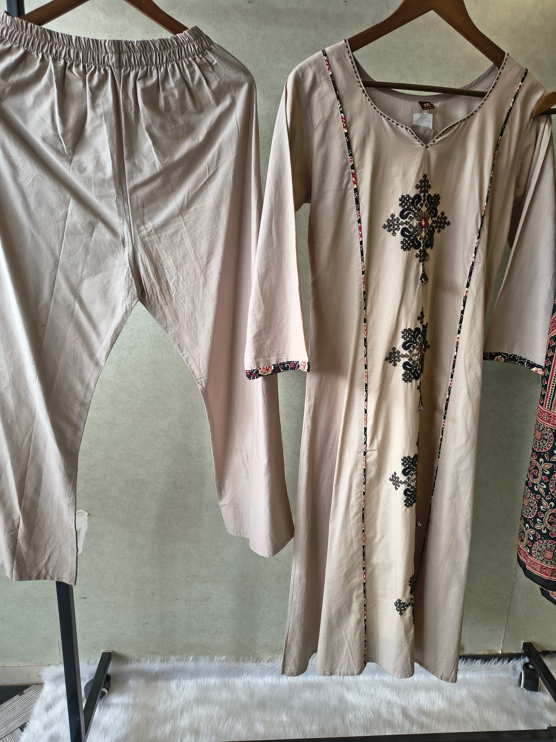 Blush Beige Cotton Straight Kurta Set with Floral Embroidery & Printed Dupatta