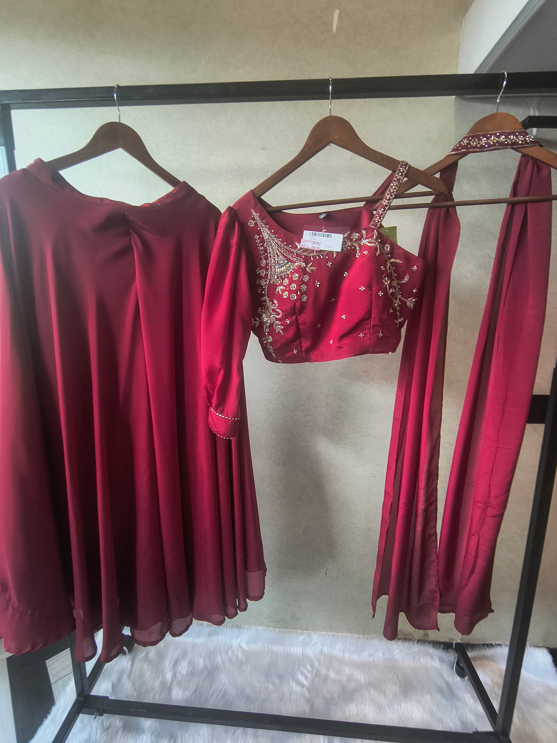 Premium Wine Satin Silk 3-Piece Lehenga Set with Hand Embroidered One-Shoulder Blouse & Dupatta