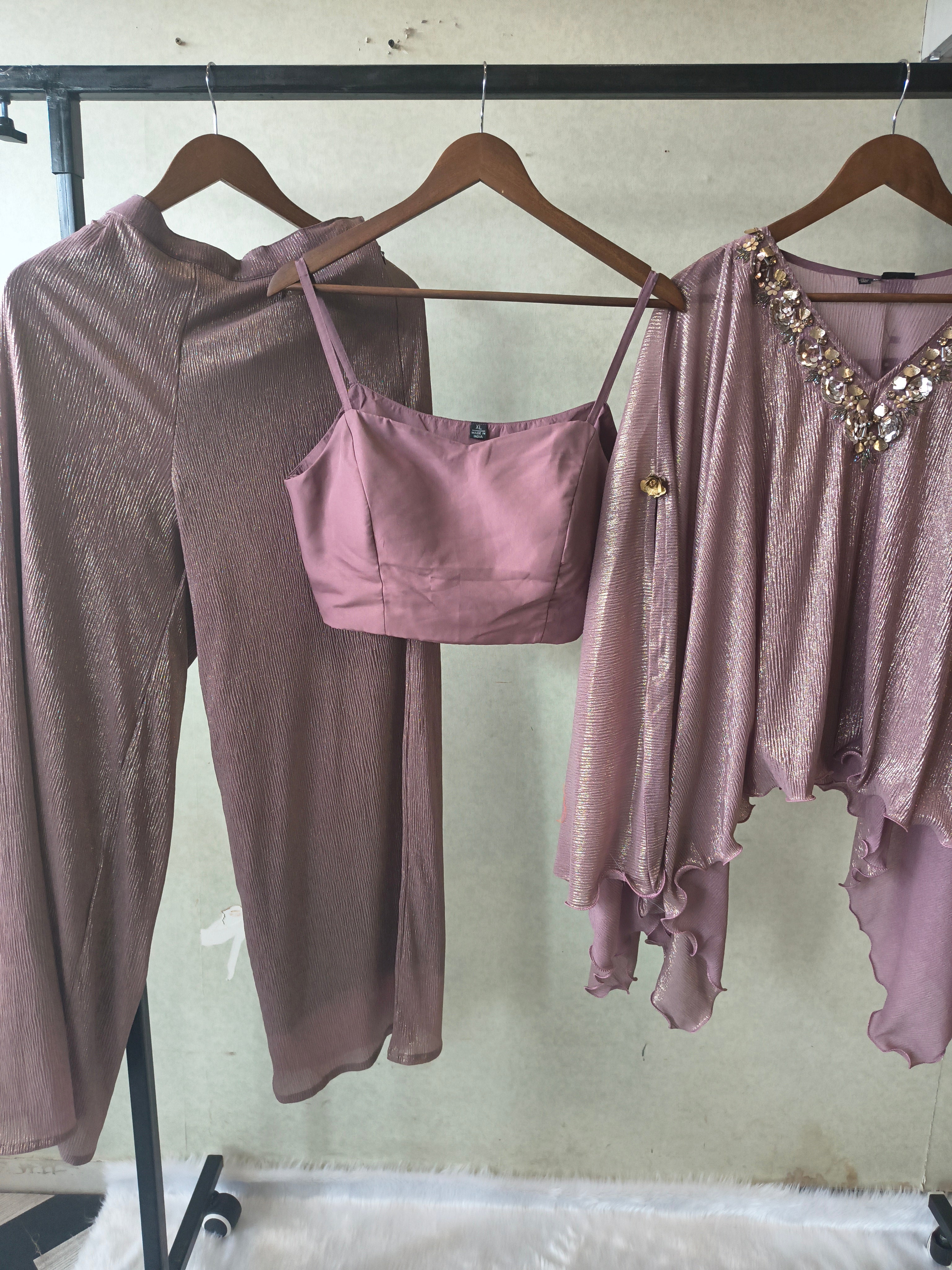 Image of Premium Rose Gold Shimmer Kaftan Co-Ord Set with Hand Embellished Cape & Straight Pants