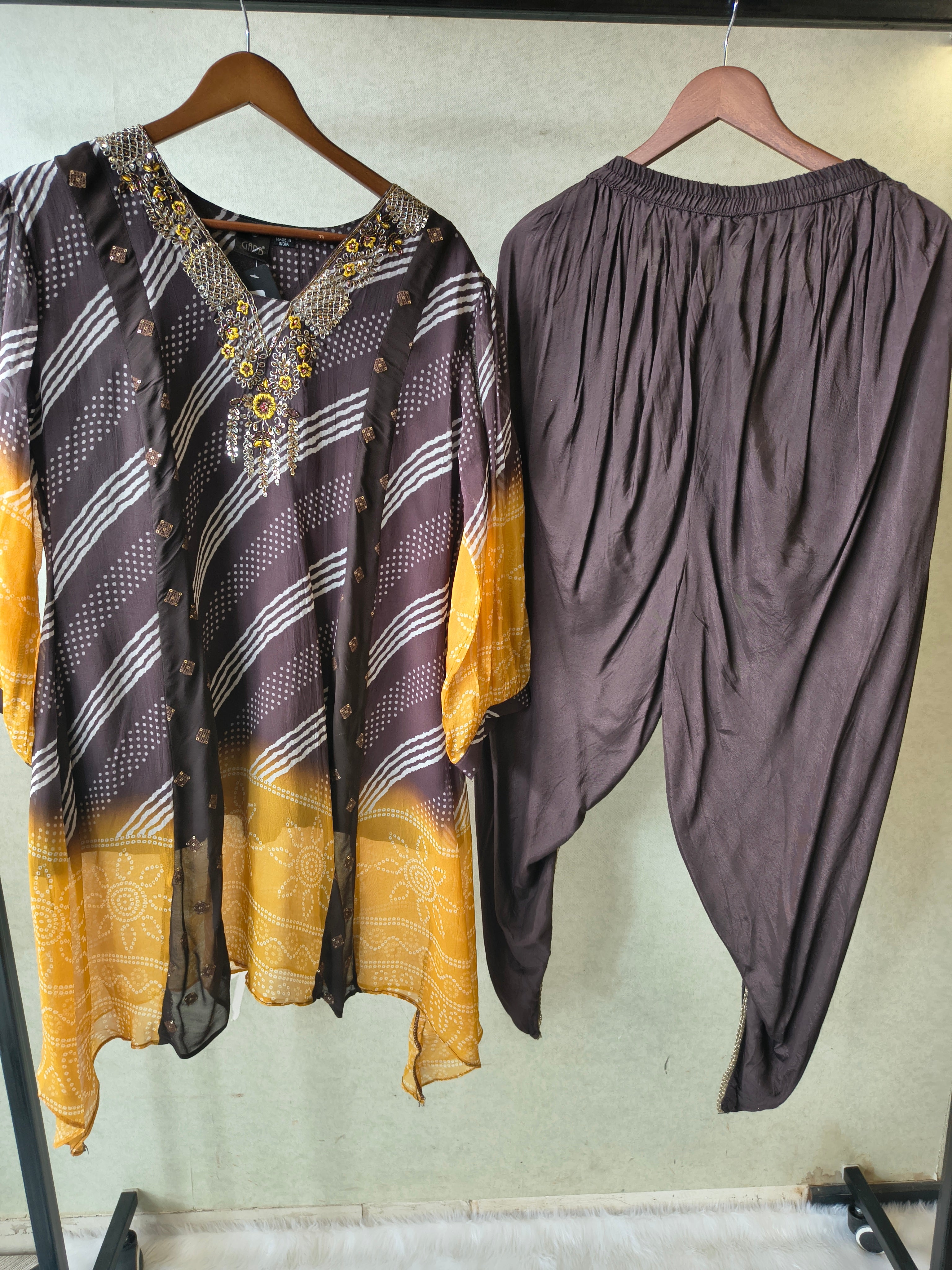 Image of Premium Charcoal & Mustard Bandhani Print Kaftan Kurta with Dhoti Pants Set