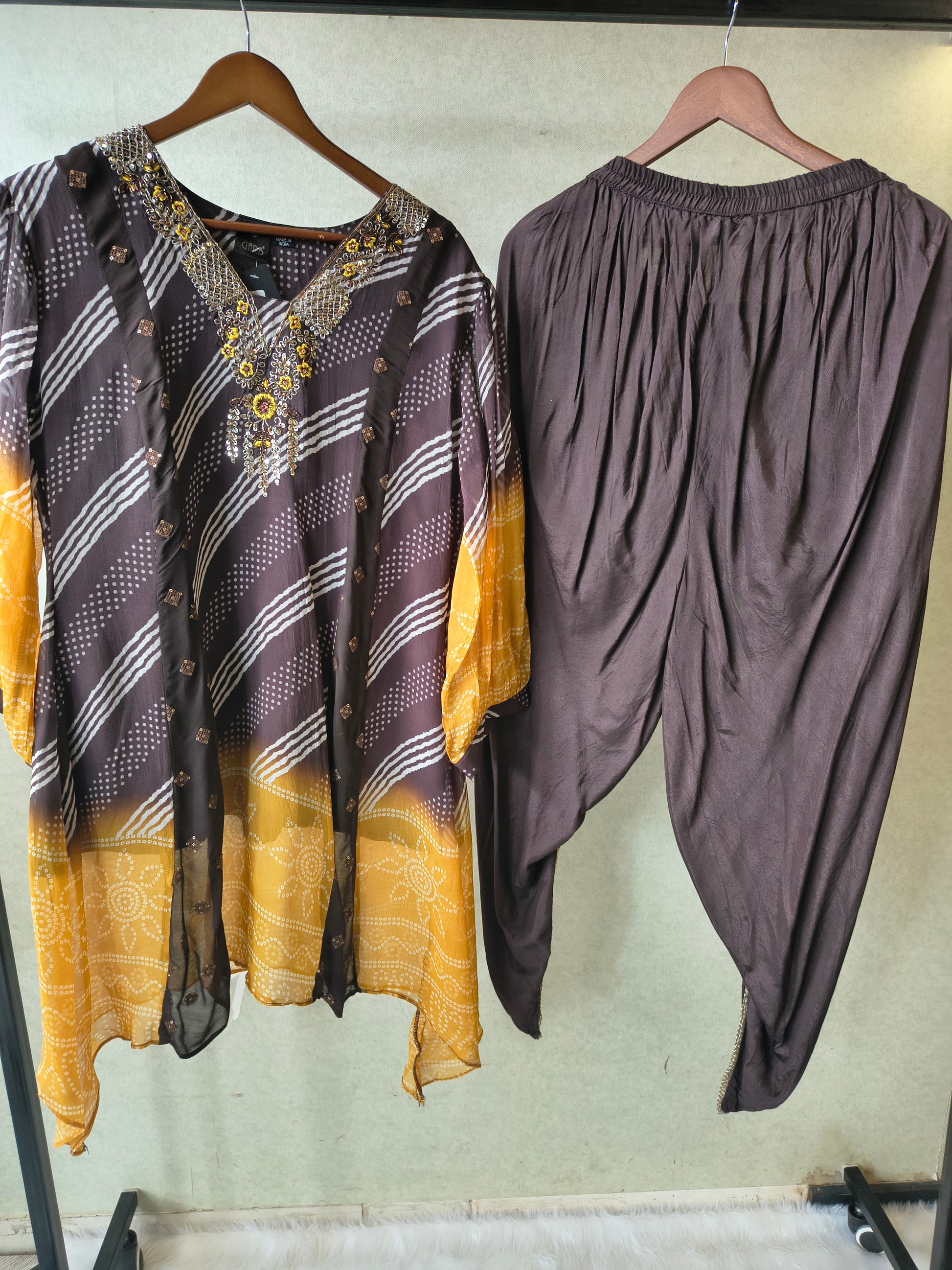 Premium Charcoal & Mustard Bandhani Print Kaftan Kurta with Dhoti Pants Set