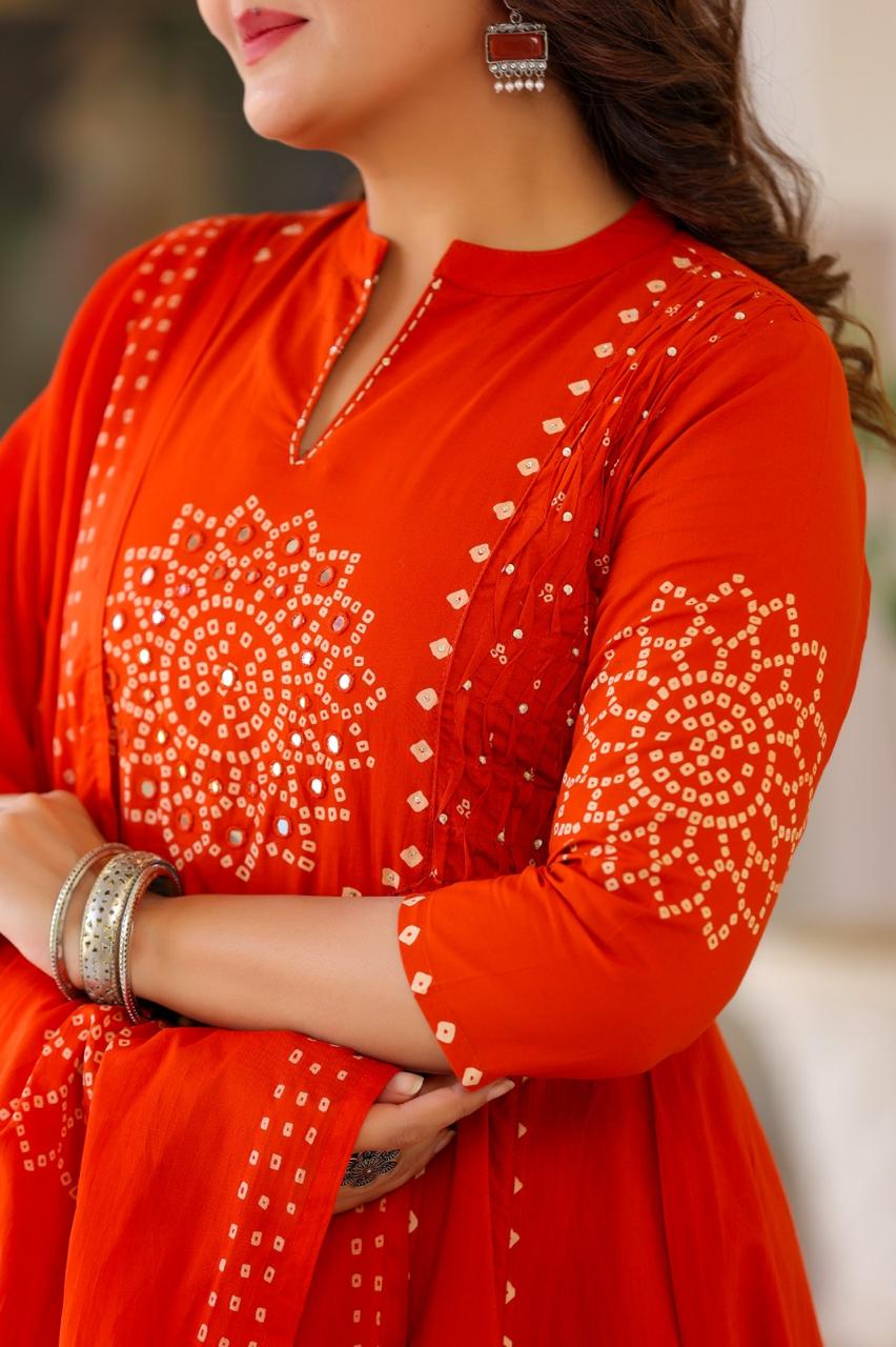 Image of Pure Mull Cotton Bandhani 3 Piece Anarkali Set
