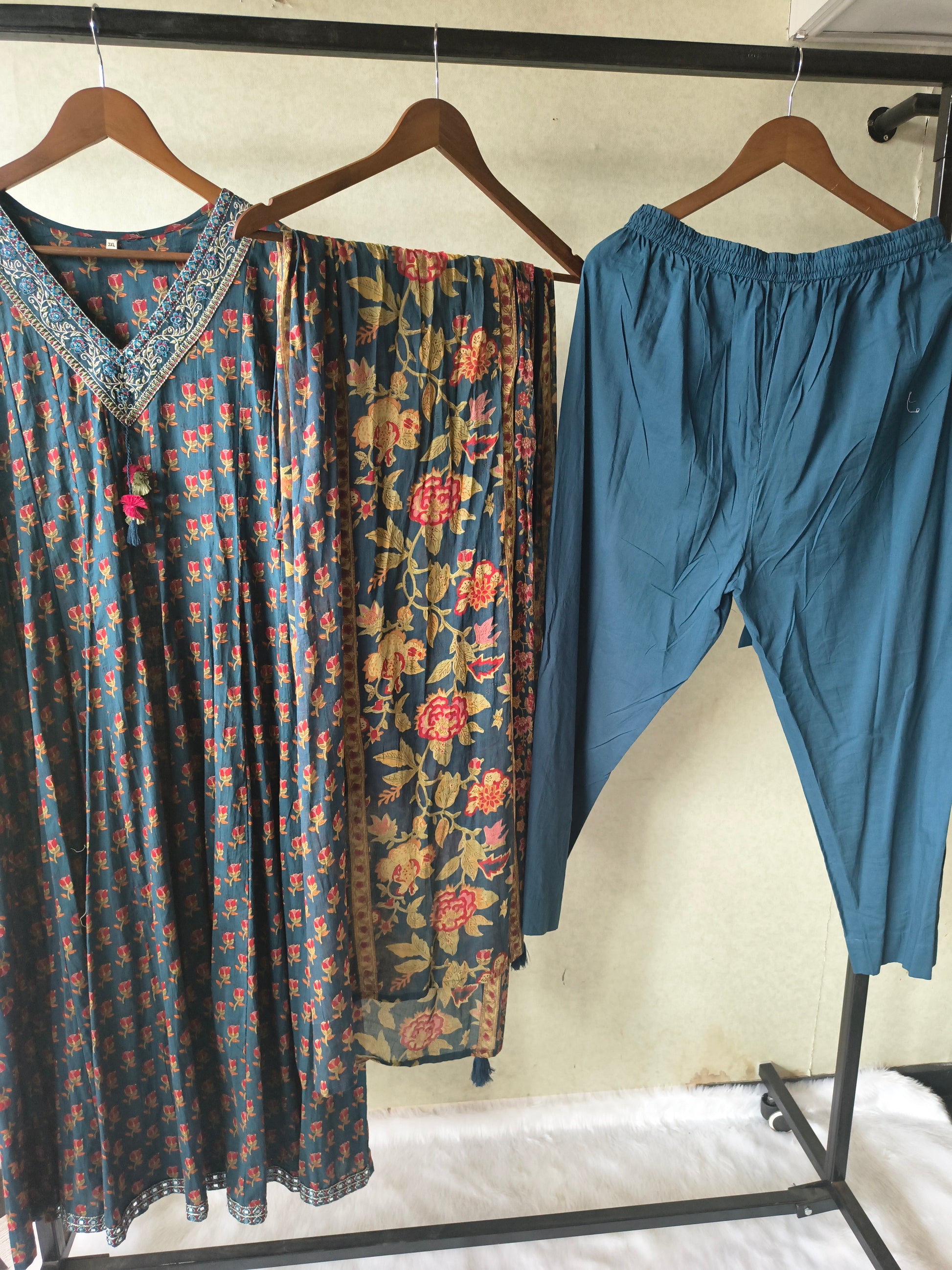 Premium Teal Blue Floral Printed Anarkali Kurta Set with Embroidered V-Neck, Solid Pants & Designer Printed Dupatta