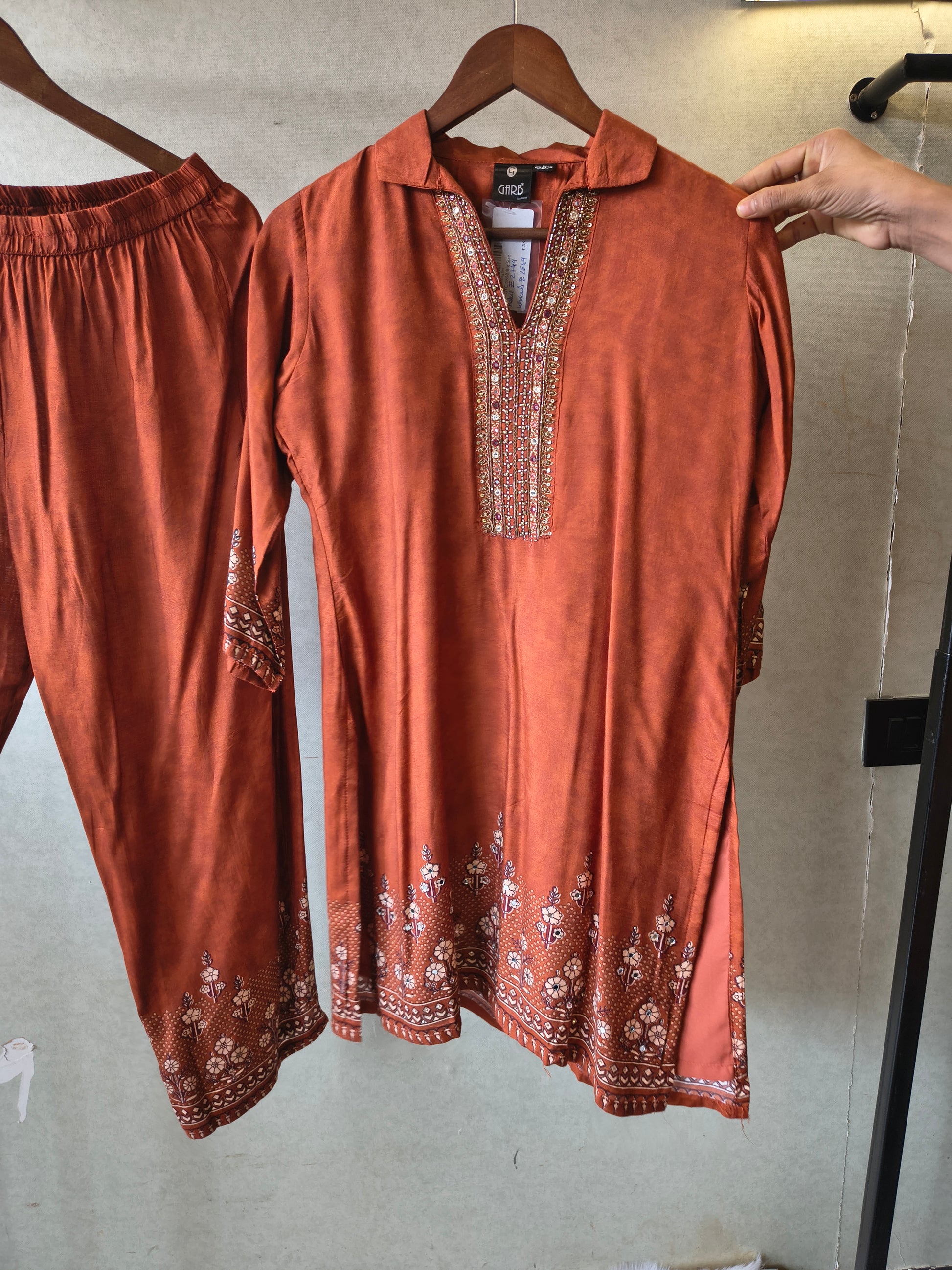 Rust Brown Designer Ethnic Co-Ord Set with Embellished Neckline & Printed Borders