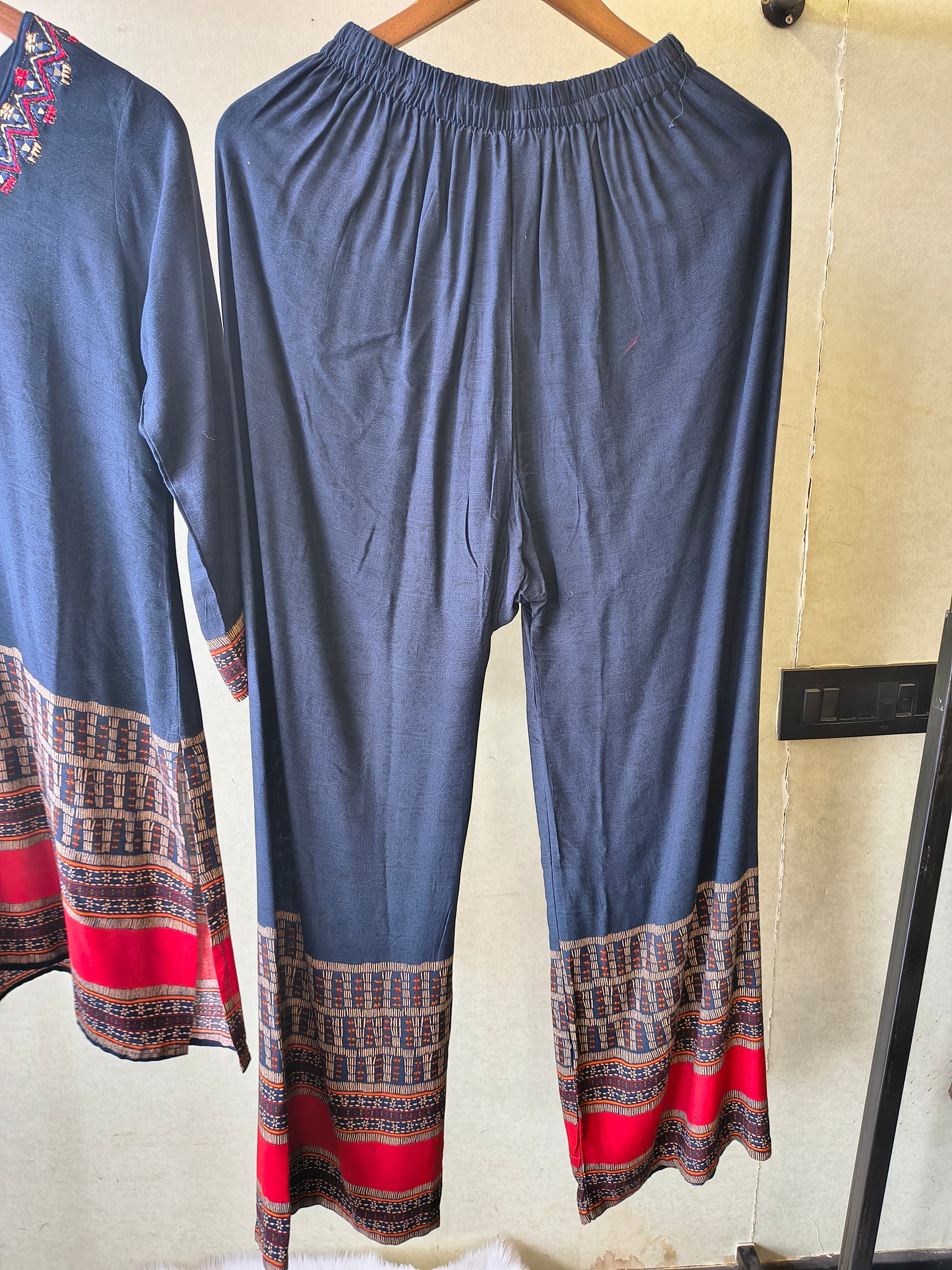Navy Blue Ethnic Border Designer Co-Ord Set with Embroidered Neckline