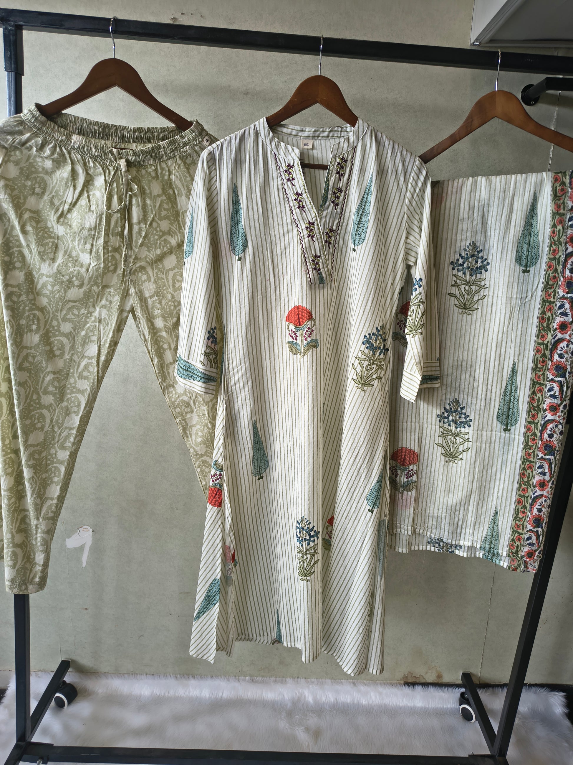 Premium Ivory Handblock Printed Cotton Straight Kurta Set with Printed Pants & Dupatta