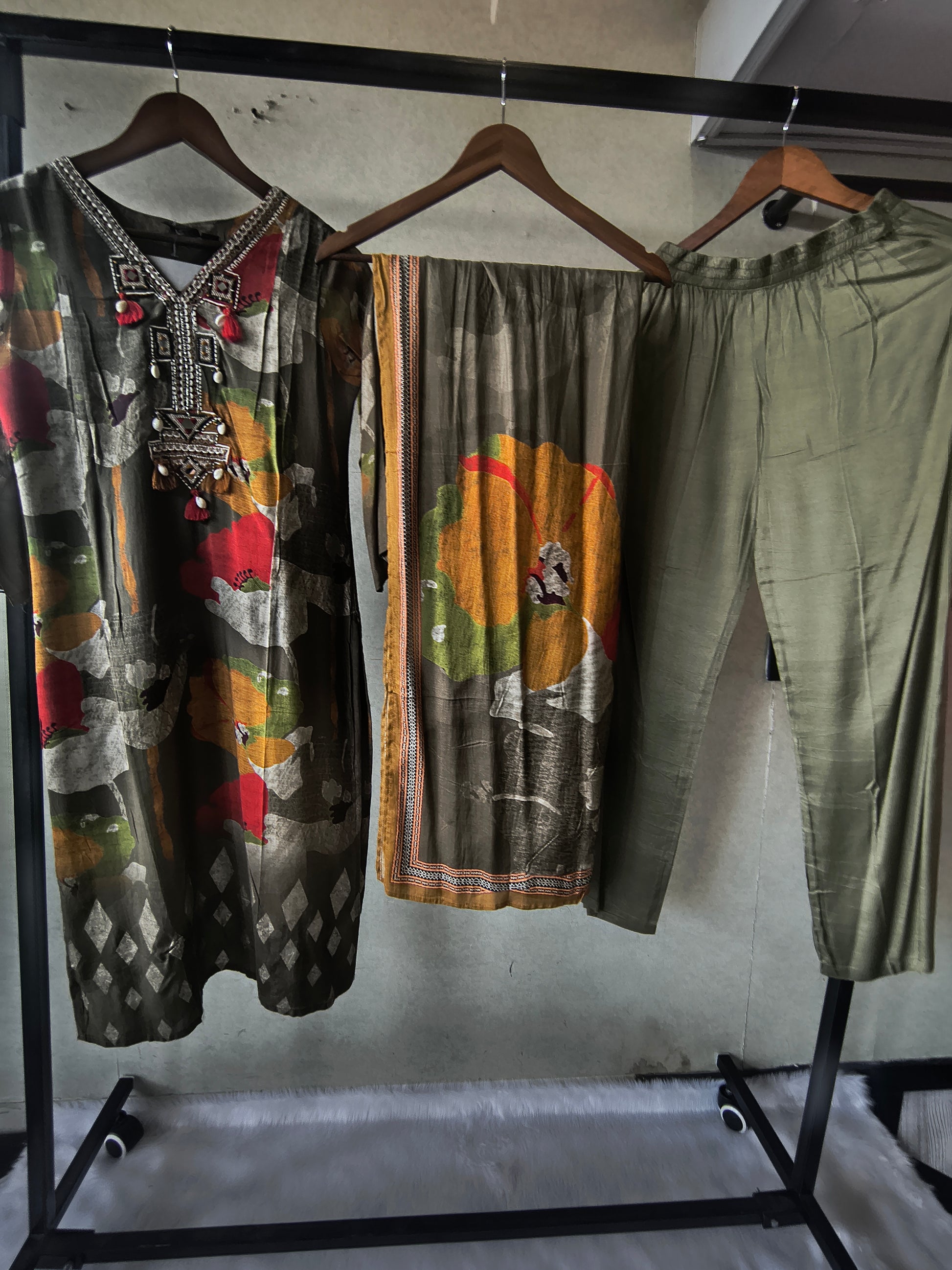 Premium Olive Green Floral Printed Kurta Set with Embellished Neckline, Solid Pants & Printed Dupatta