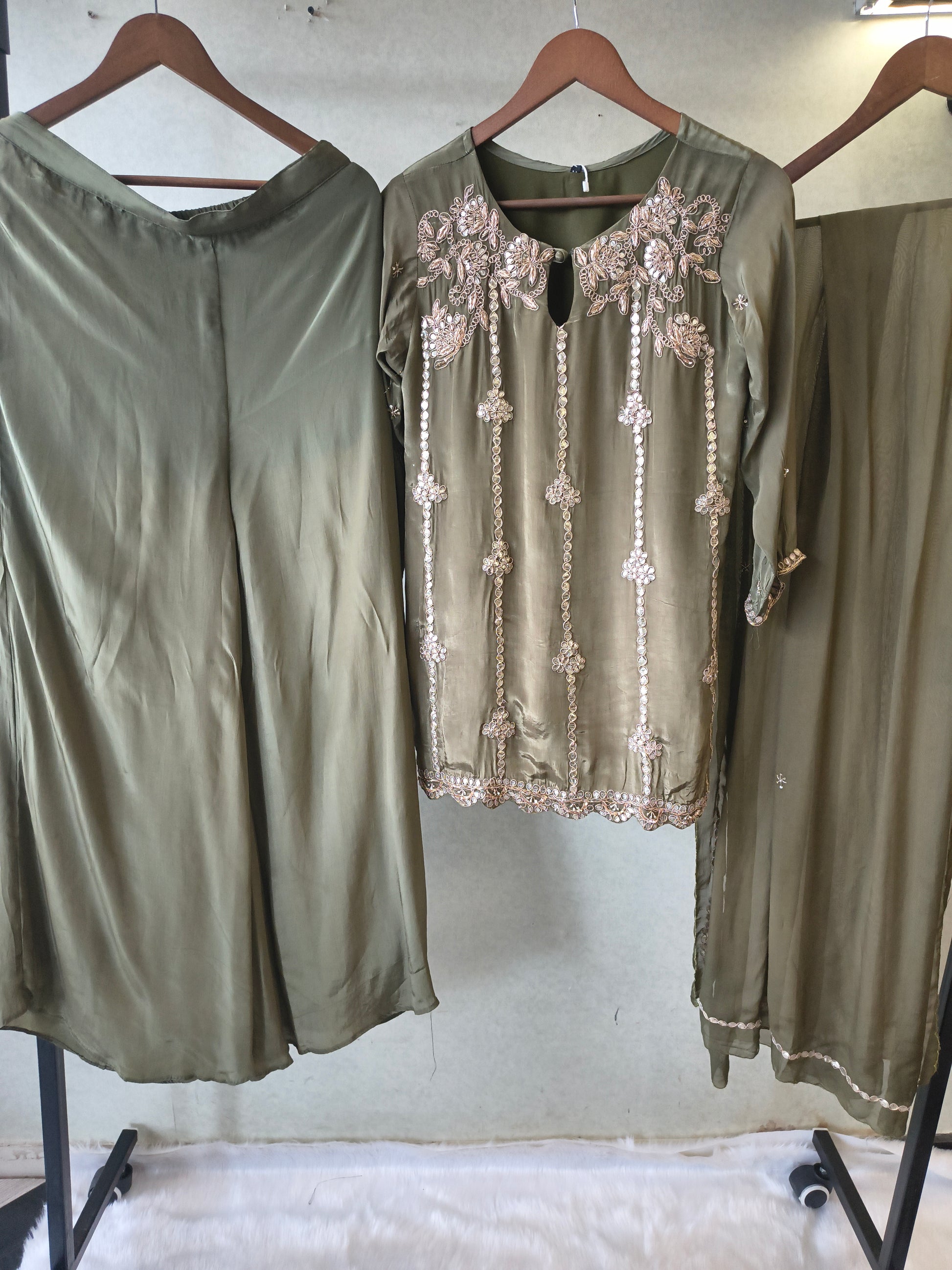 Olive Green Pearl & Mirror Embroidered Kurta Set with Flared Palazzo & Organza Dupatta – Designer 3 Piece Festive Ensemble