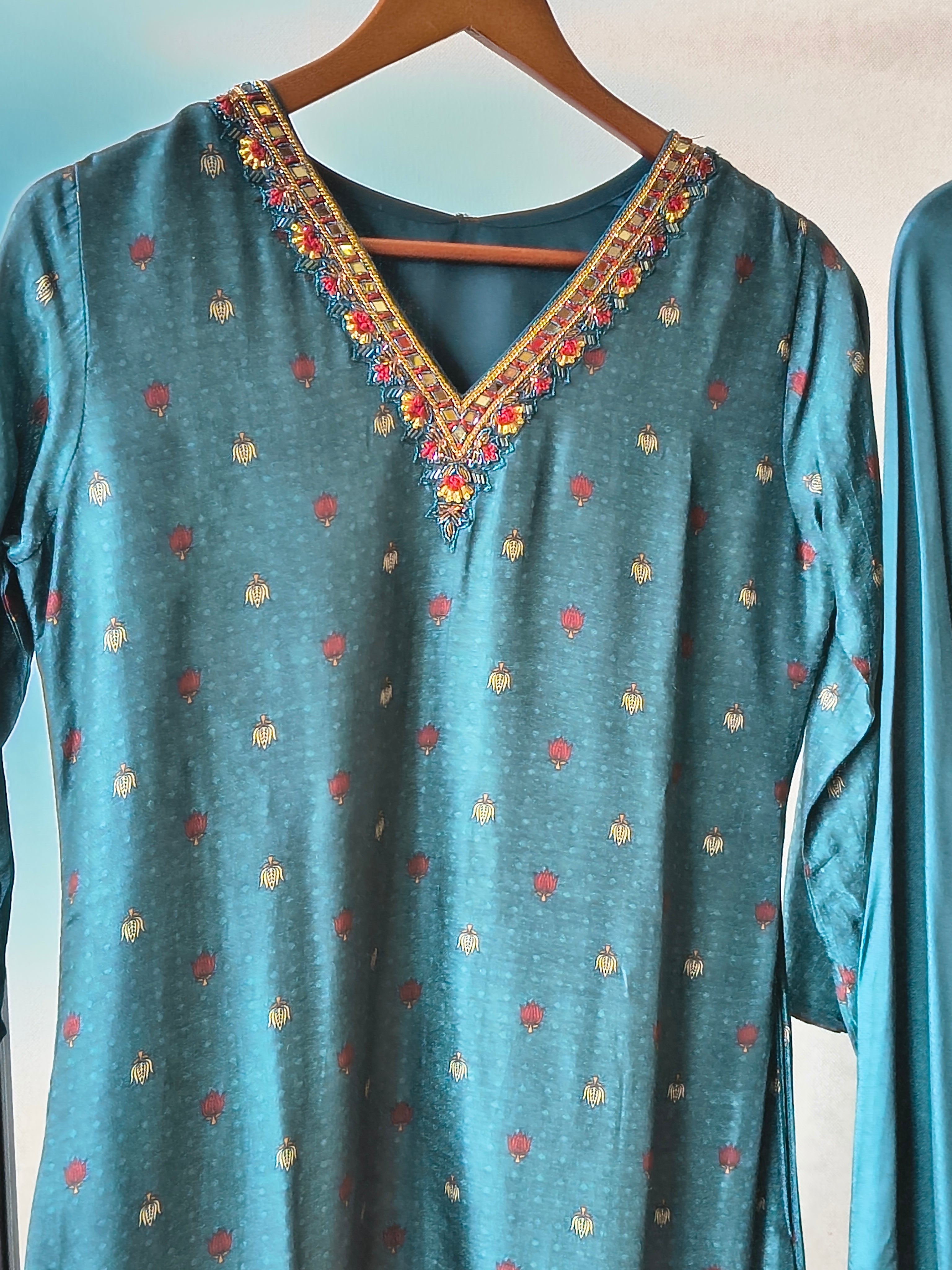 Image of Premium Teal Printed Straight Kurta with Palazzo & Dupatta Set