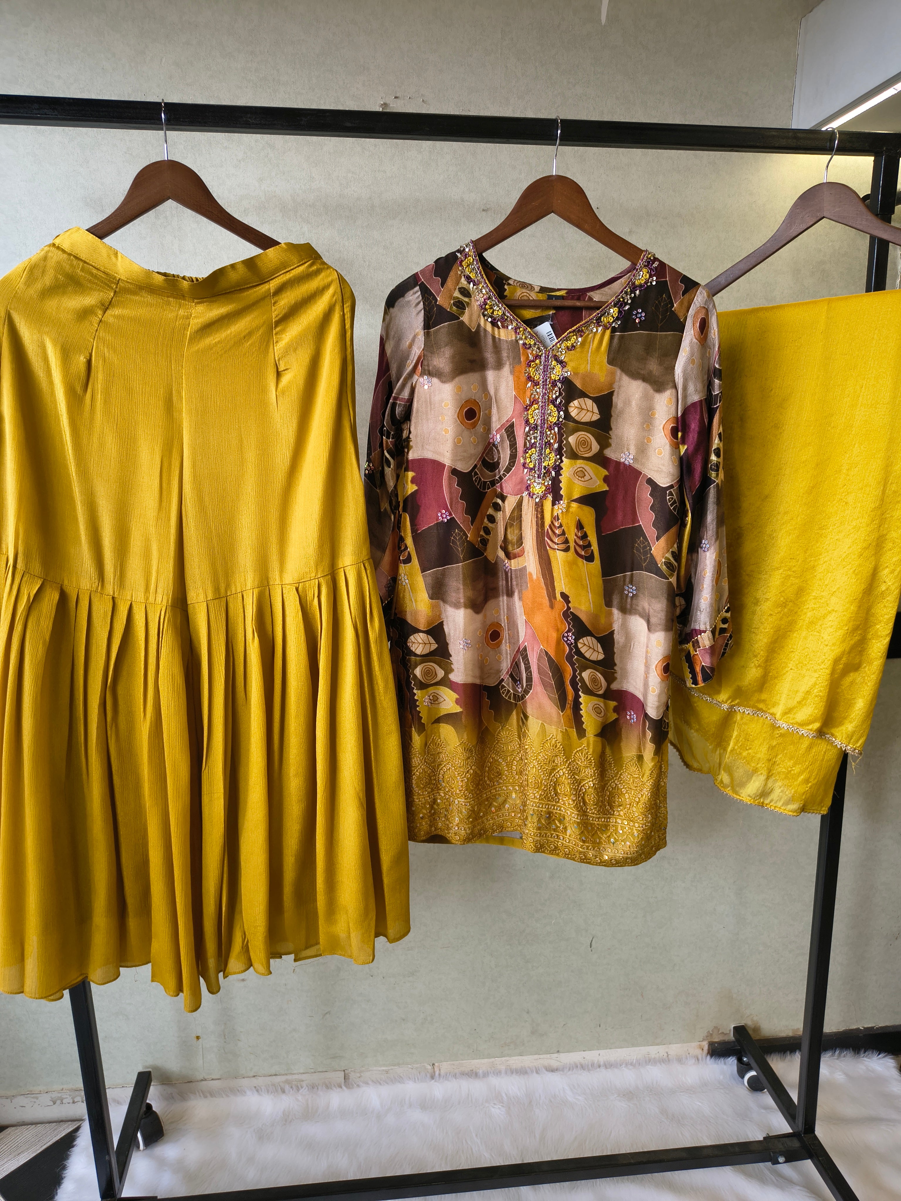 Image of Premium Mustard Abstract Printed Kurta with Sharara & Dupatta Set