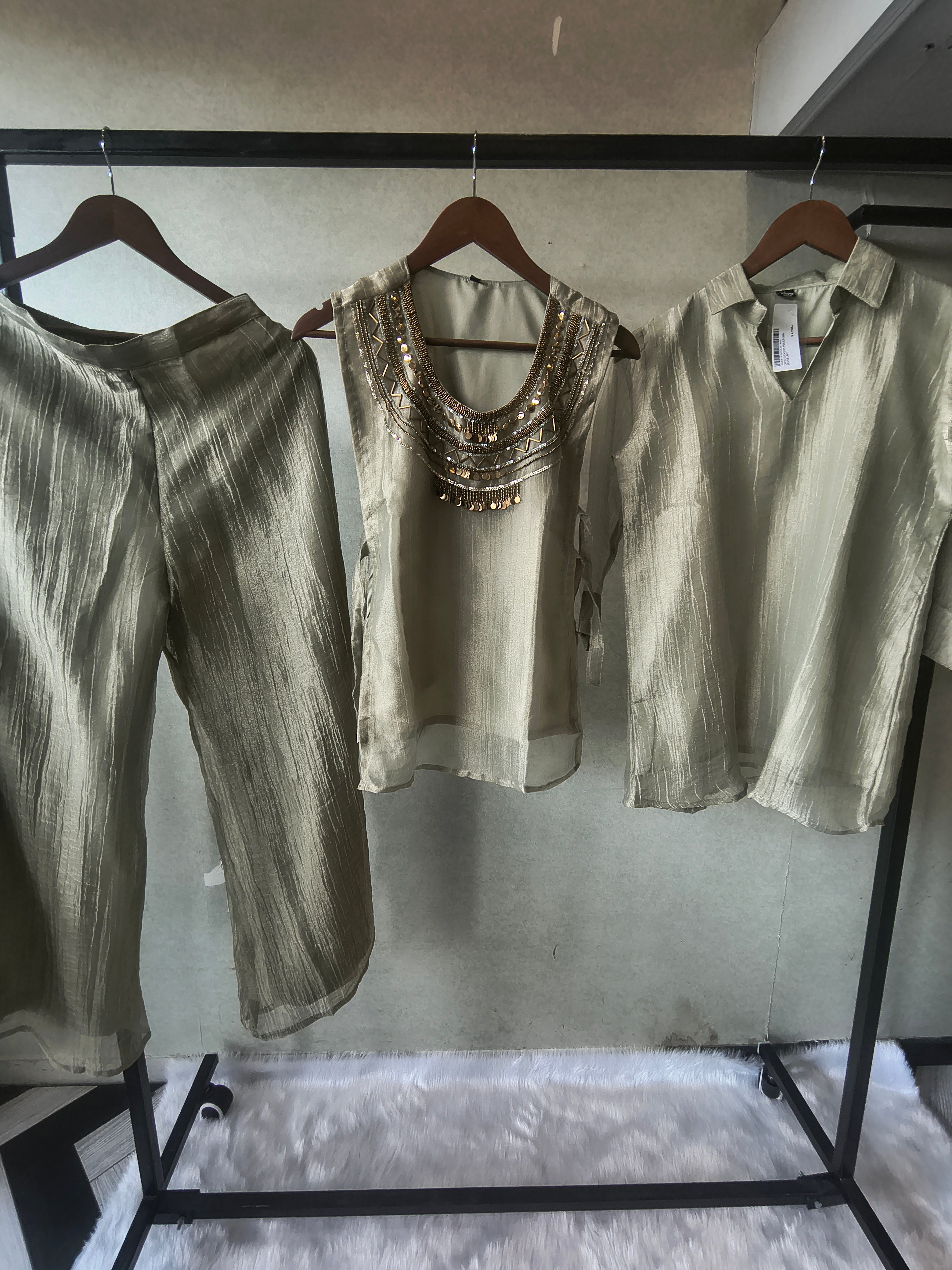 Image of Premium Sage Grey Tissue Silk 3-Piece Co-Ord Set with Antique Hand Embellished Jacket, Inner & Palazzo