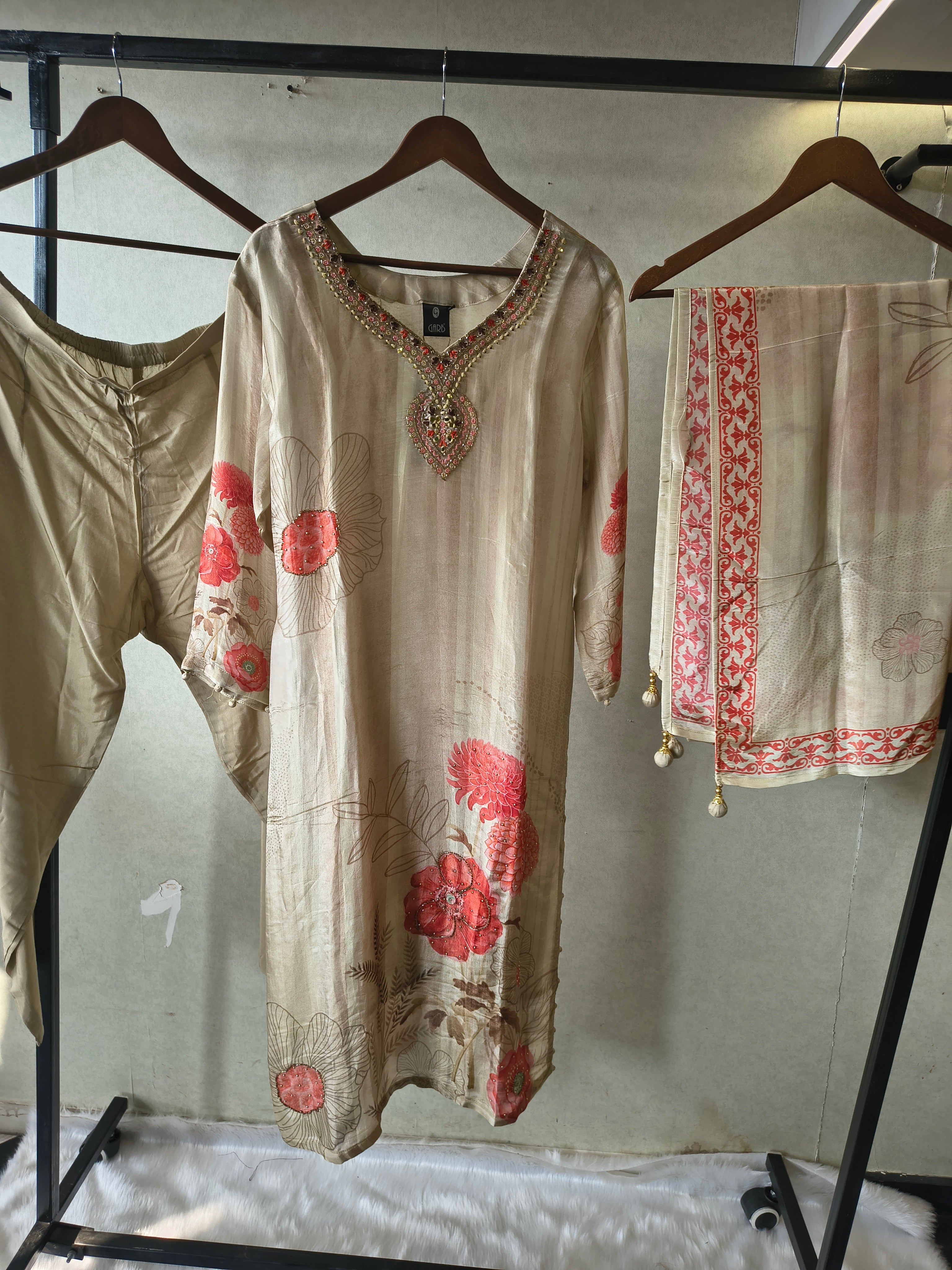 Image of Beige Floral Printed Silk Blend Kurta Set with Hand-Embellished Neckline & Designer Dupatta – Premium 3 Piece Ethnic Ensemble