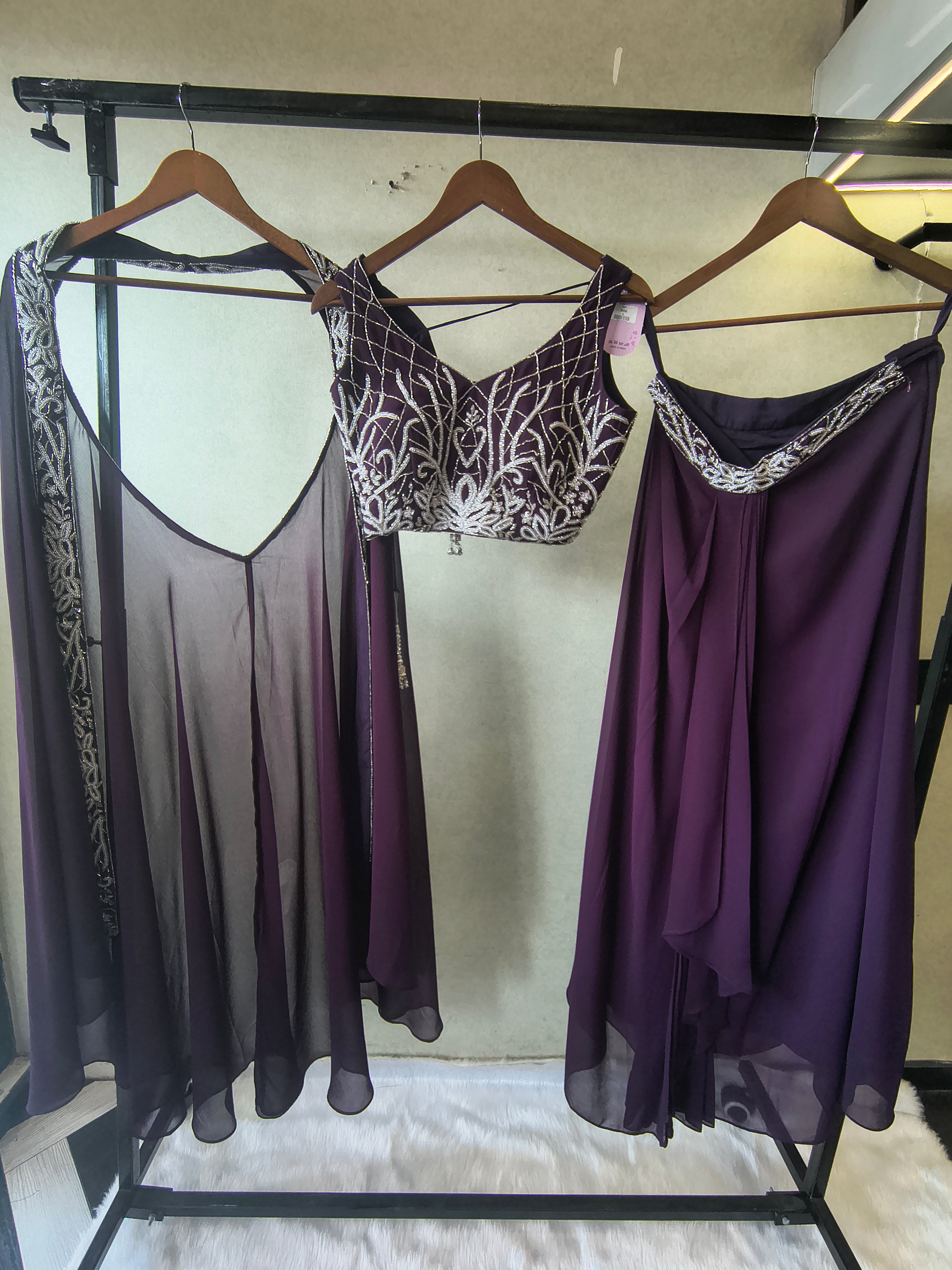 Image of Royal Purple Embroidered Designer Blouse with Drape Palazzo & Embroidered Cape – 3 Piece Indo-Western Party Wear Set