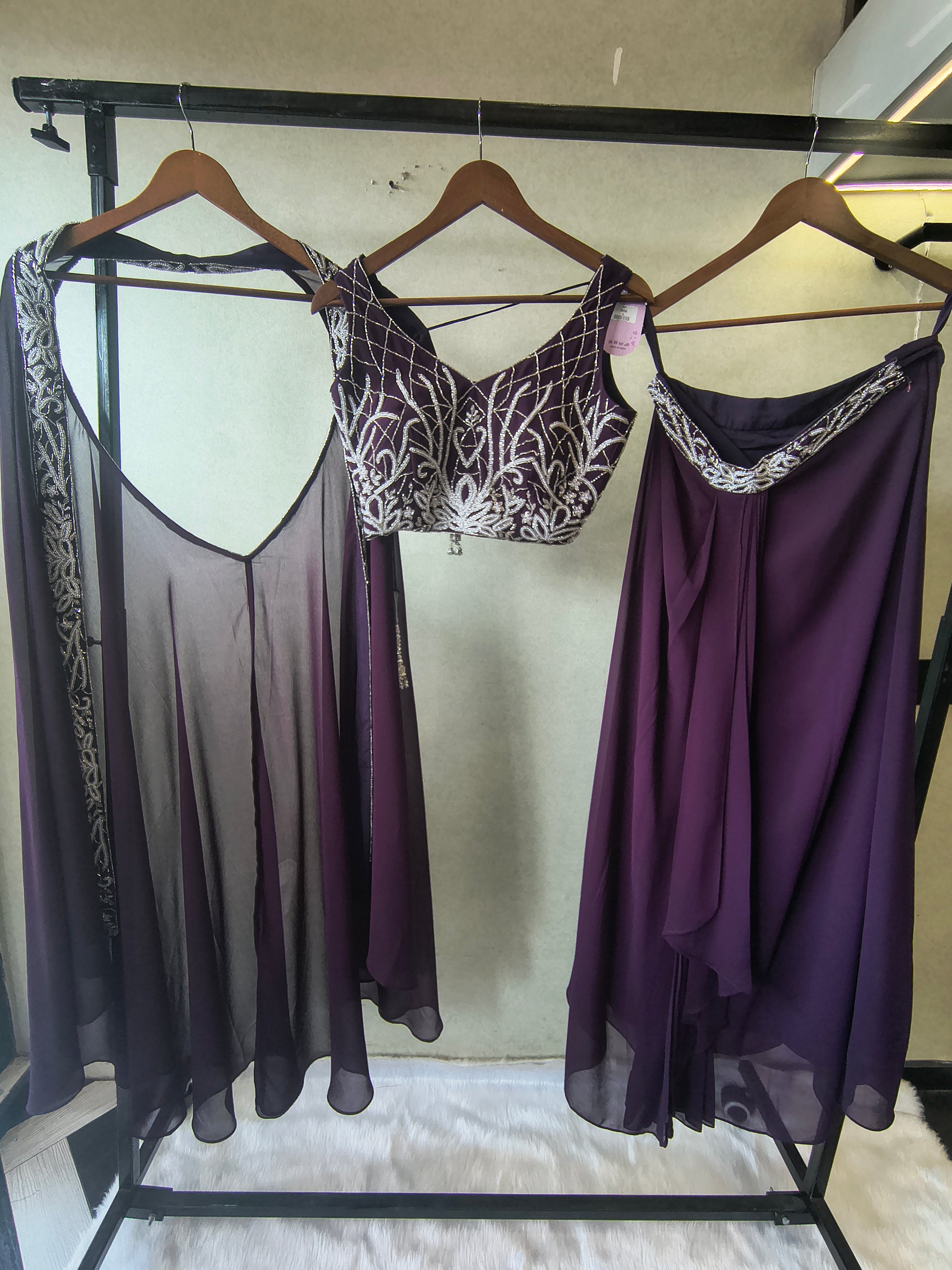 Royal Purple Embroidered Designer Blouse with Drape Palazzo & Embroidered Cape – 3 Piece Indo-Western Party Wear Set
