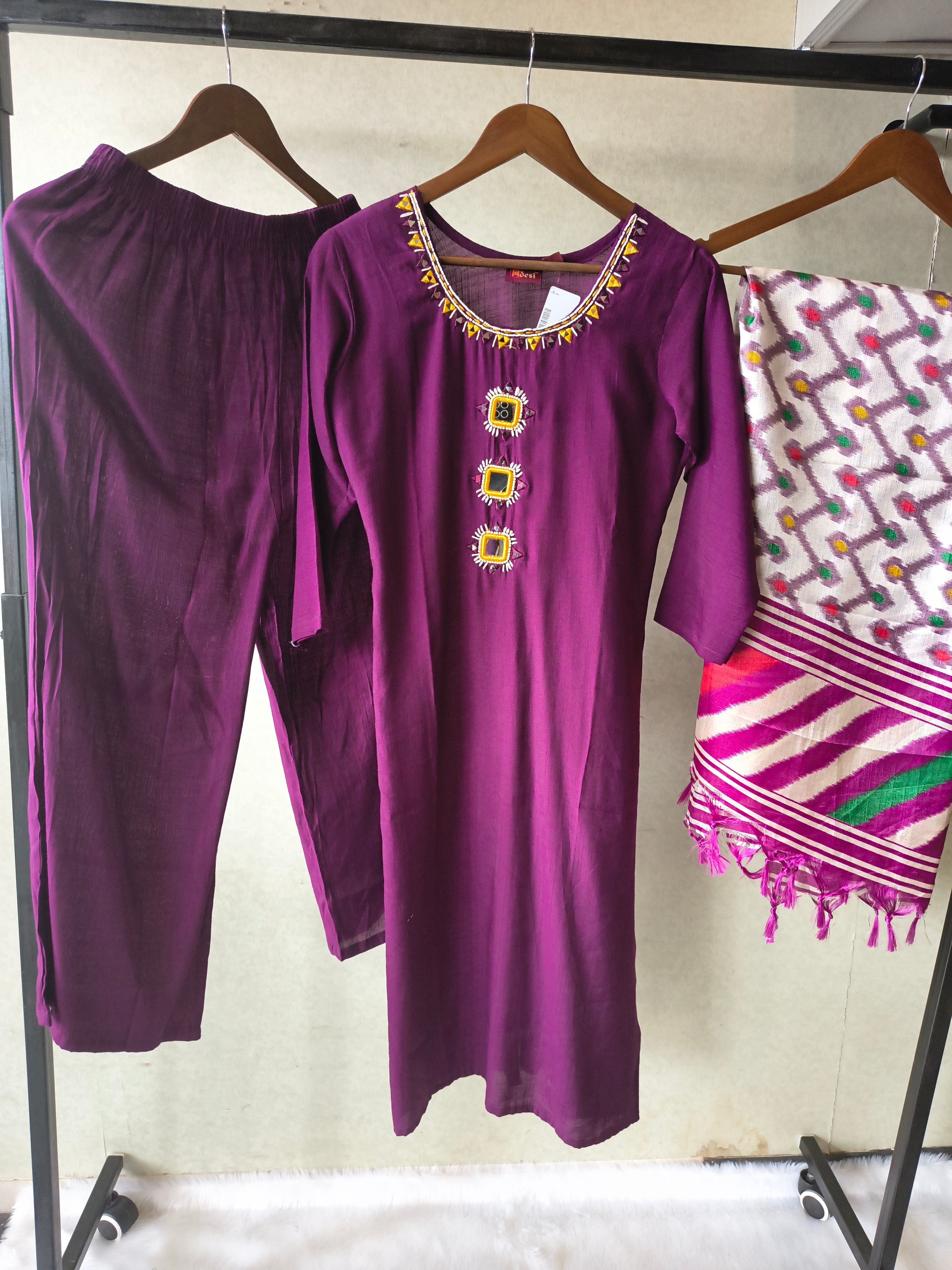 Image of Premium Royal Purple Straight Kurta Set with Mirror Work Neckline, Solid Pants & Ikat Printed Dupatta