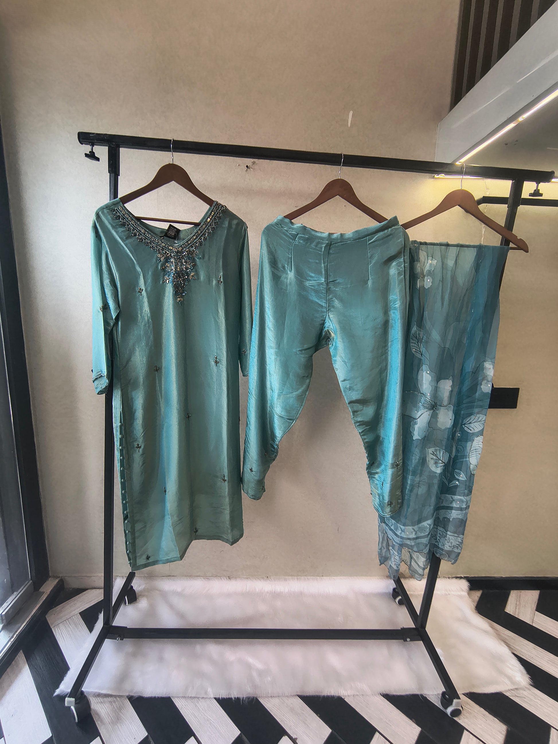 Ice Blue Hand-Embroidered Designer Kurta Set with Floral Organza Dupatta | Premium 3 Piece Ethnic Suit