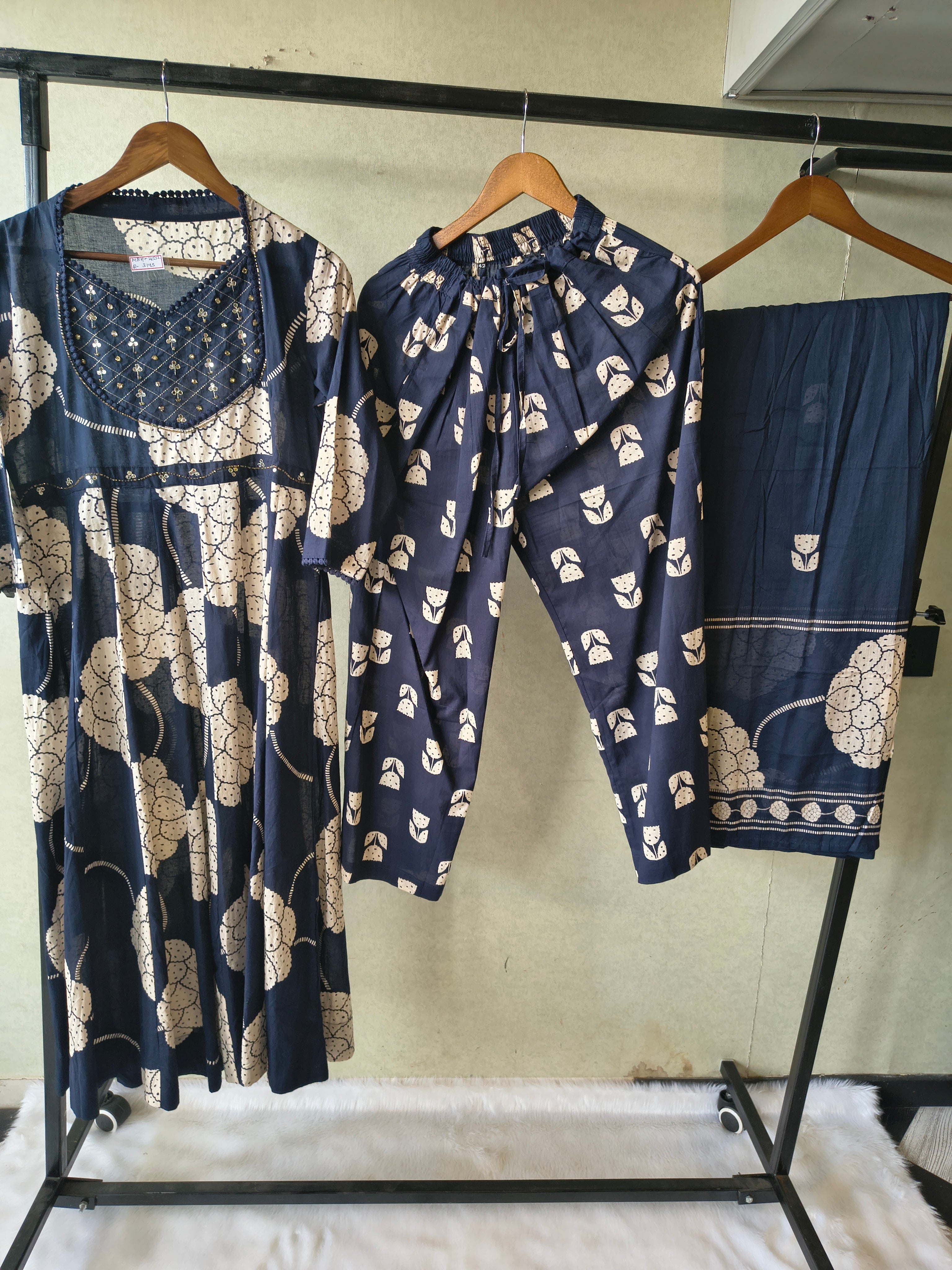 Image of Premium Navy Blue Handblock Printed Cotton Anarkali Suit Set with Printed Pants & Dupatta