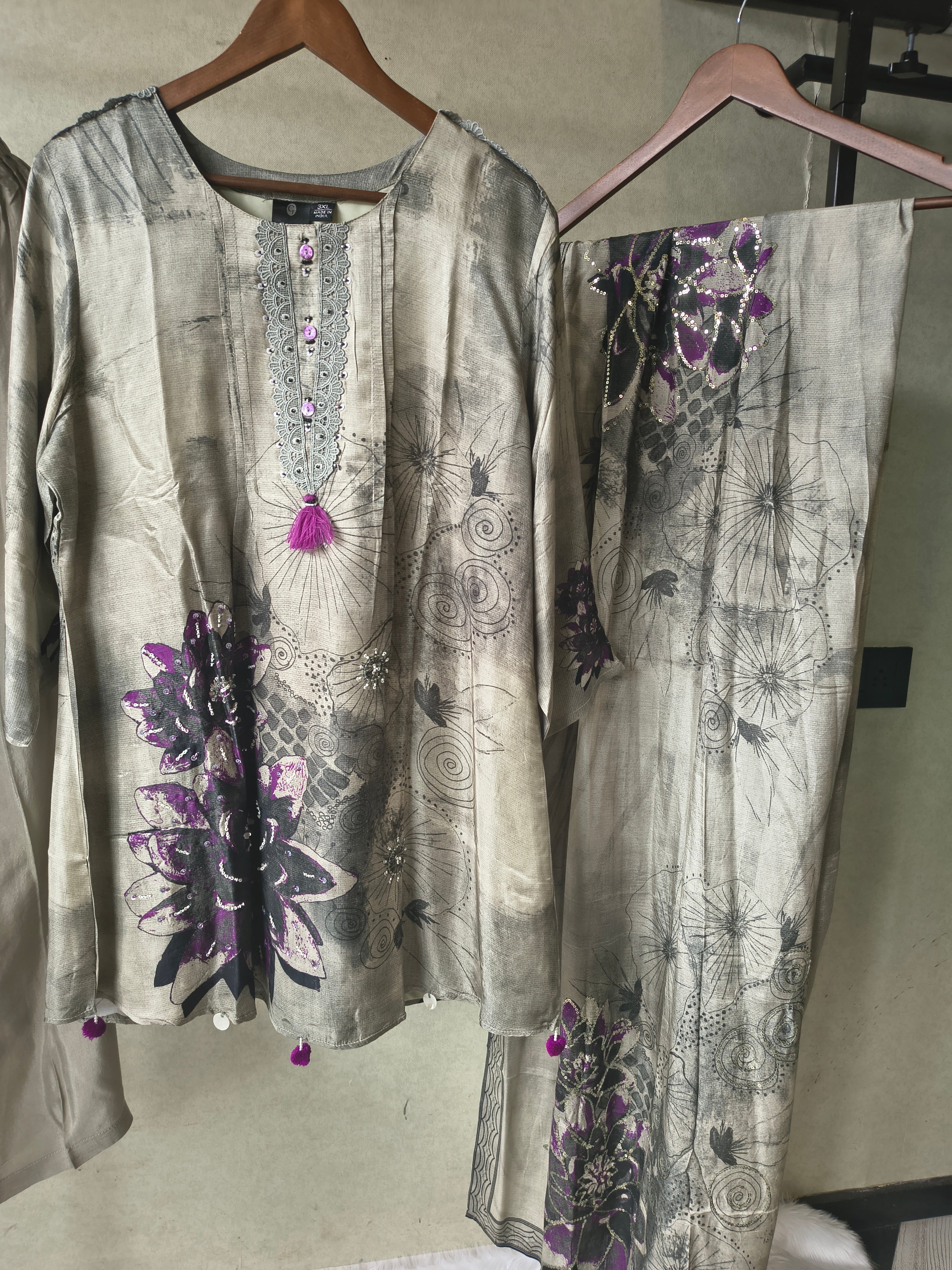 Image of Premium Grey Abstract Floral Printed Kurta Set with Embellished Neckline, Solid Pants & Designer Printed Dupatta