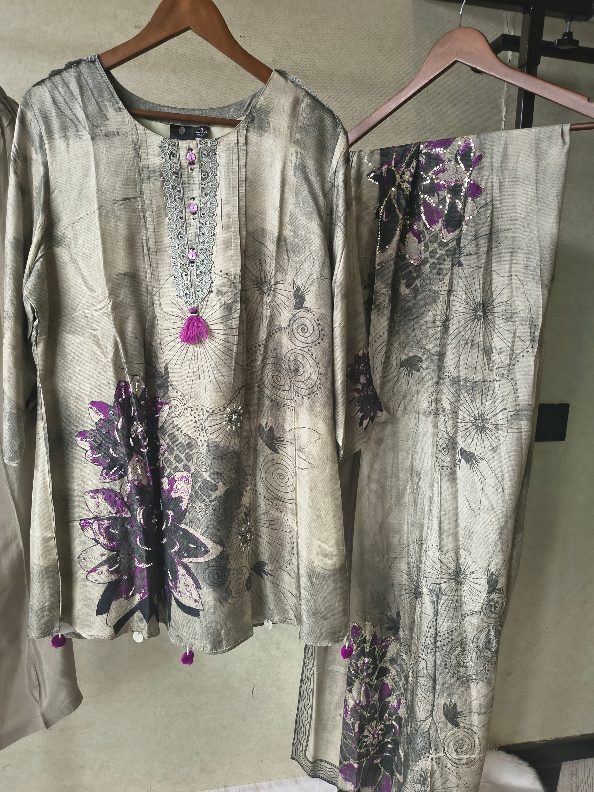 Premium Grey Abstract Floral Printed Kurta Set with Embellished Neckline, Solid Pants & Designer Printed Dupatta