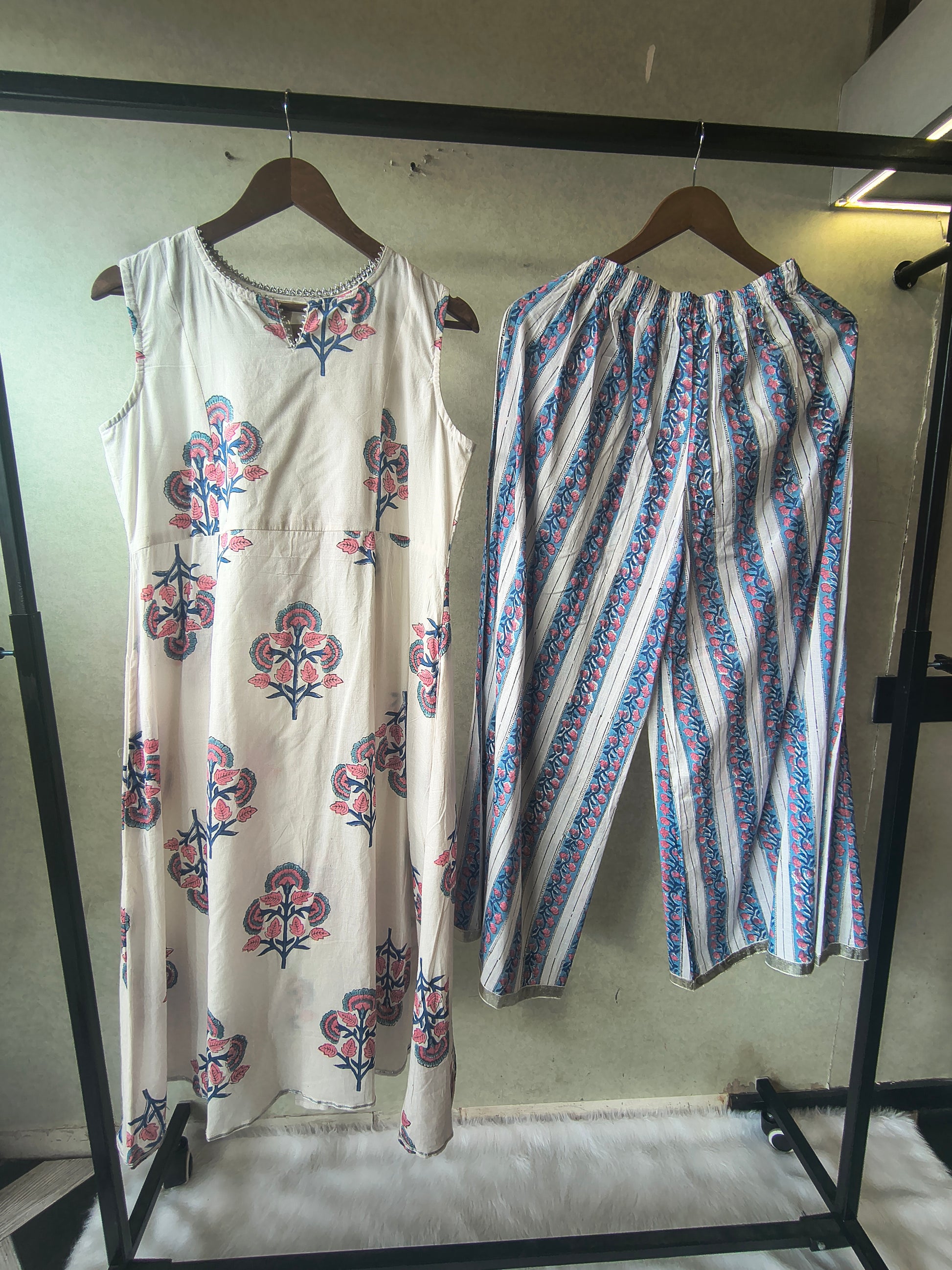 Premium Ivory Floral Block Print Sleeveless Kurta with Printed Palazzo Pants Co-Ord Set