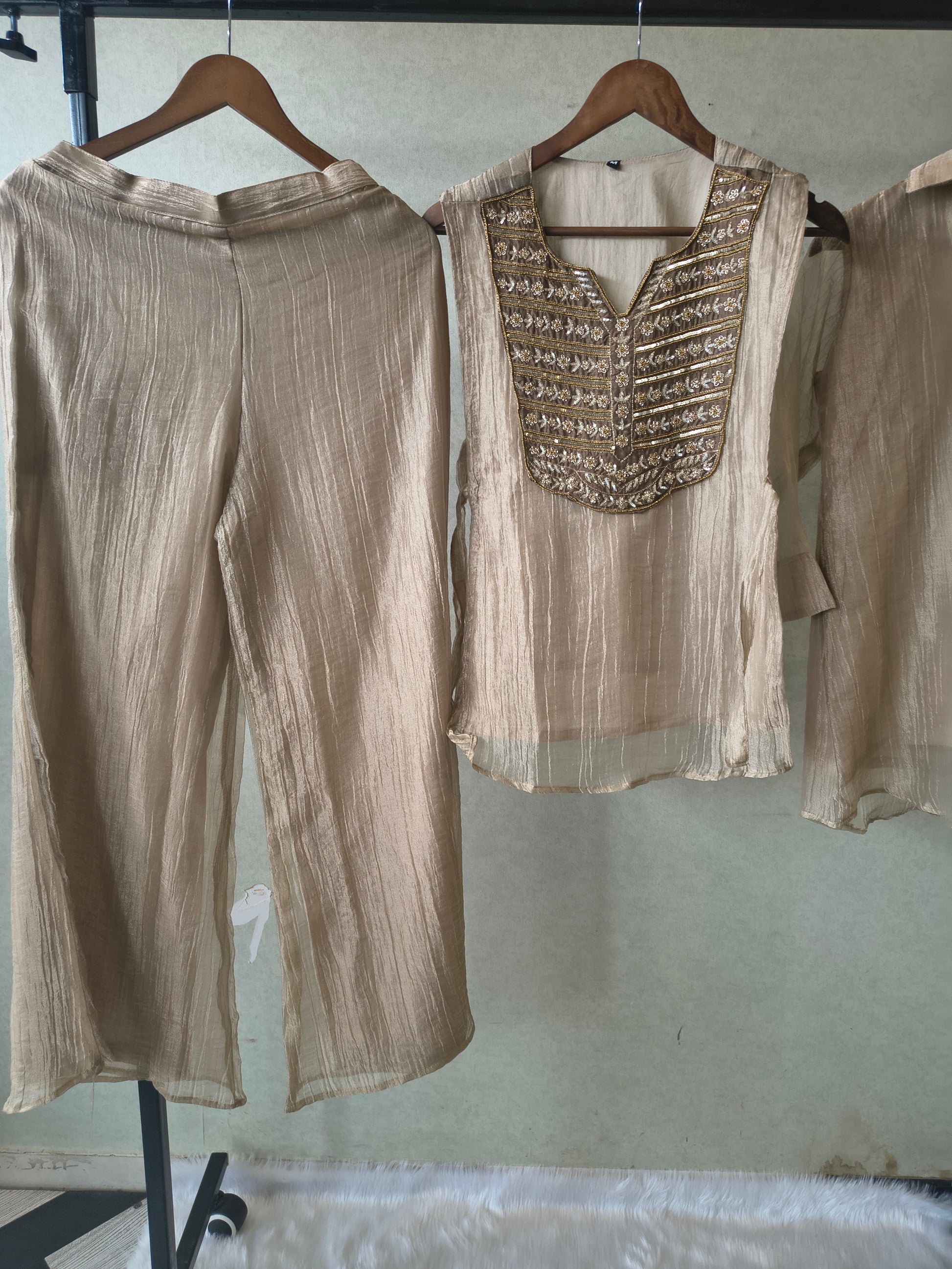 Premium Champagne Gold Tissue Silk 3-Piece Co-Ord Set with Antique Zari Embroidered Jacket, Inner & Palazzo
