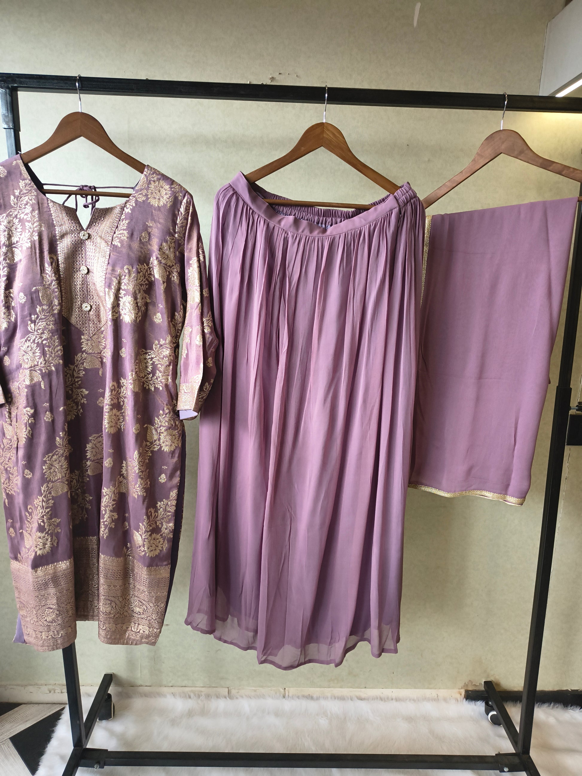 Premium Lavender Jacquard Straight Kurta with Georgette Sharara & Dupatta Set