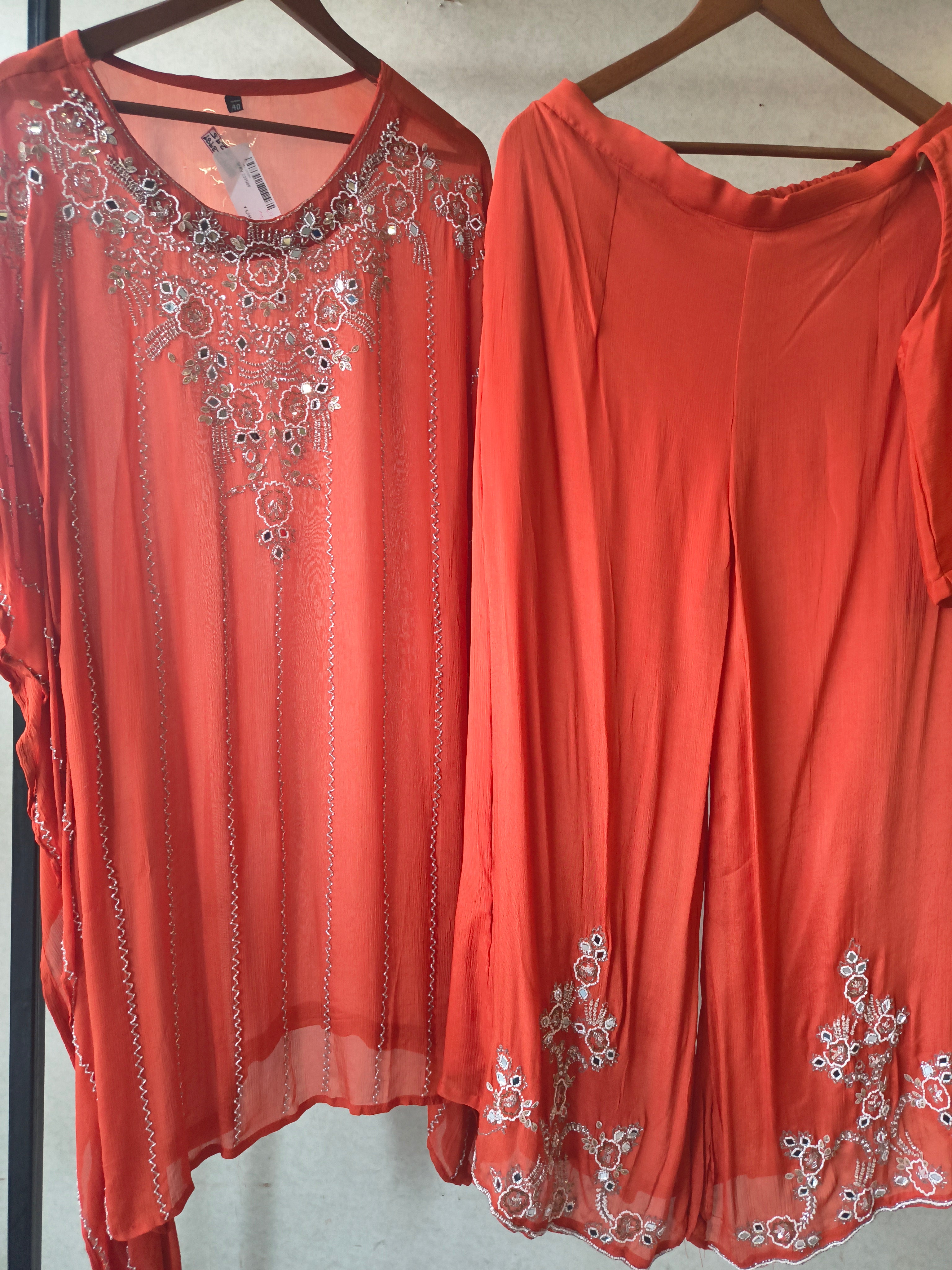 Image of Rust Orange Embroidered Kaftan Co-Ord Set with Palazzo & Blouse – Designer 3 Piece Indo-Western Fusion Wear