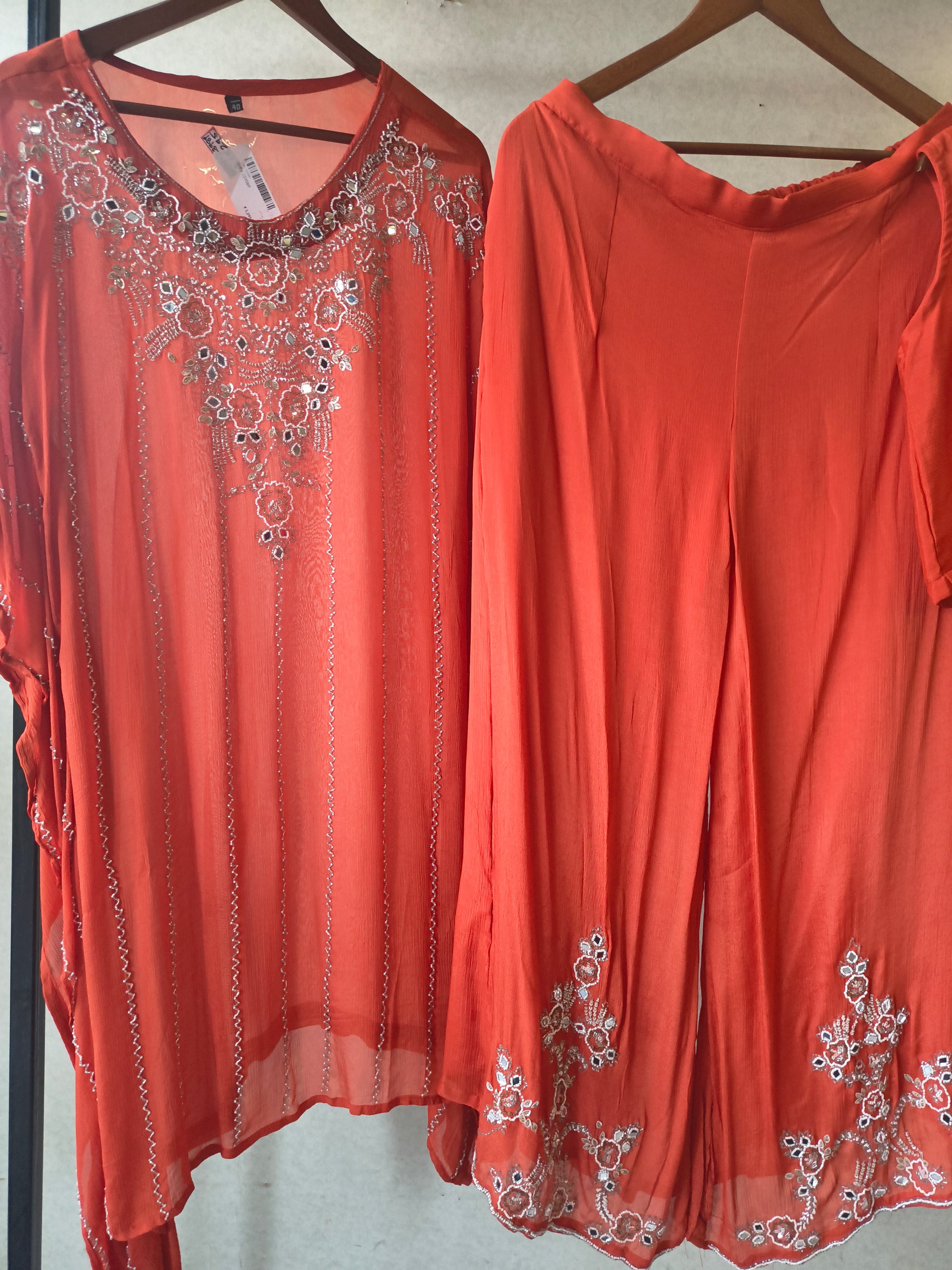 Rust Orange Embroidered Kaftan Co-Ord Set with Palazzo & Blouse – Designer 3 Piece Indo-Western Fusion Wear