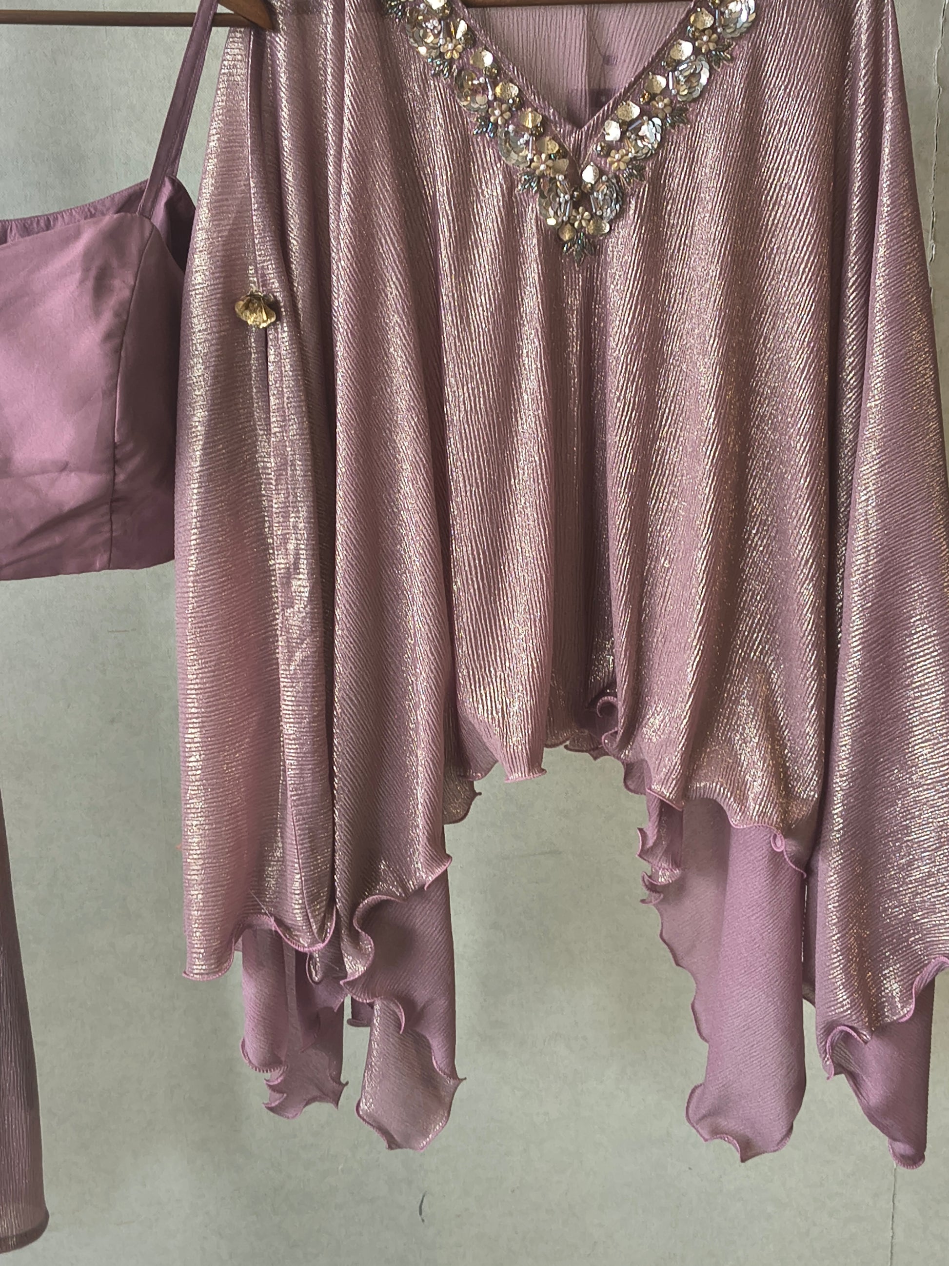 Premium Rose Gold Shimmer Kaftan Co-Ord Set with Hand Embellished Cape & Straight Pants