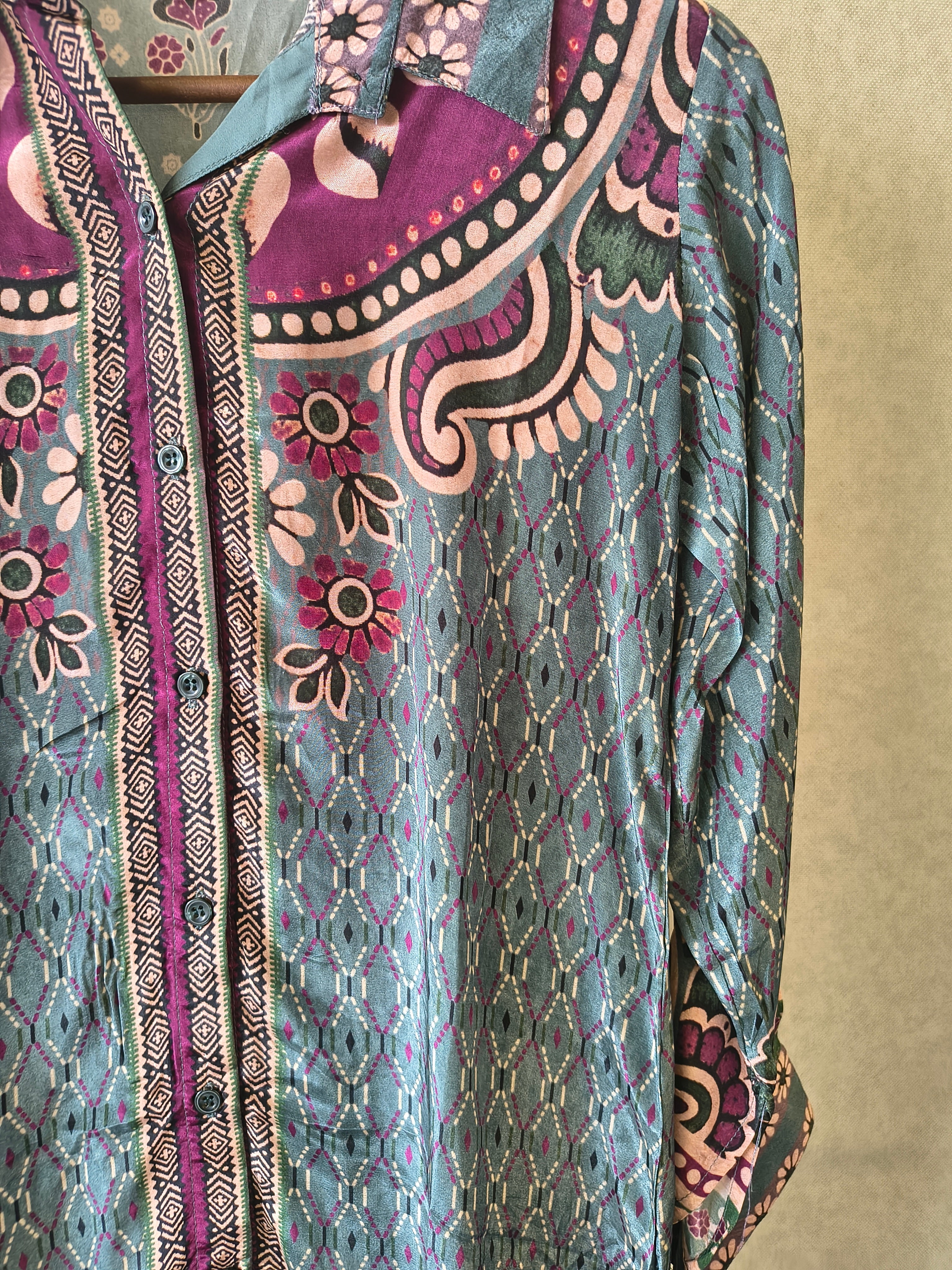 Image of Teal Blue Vintage Floral Printed Shirt Style Tunic