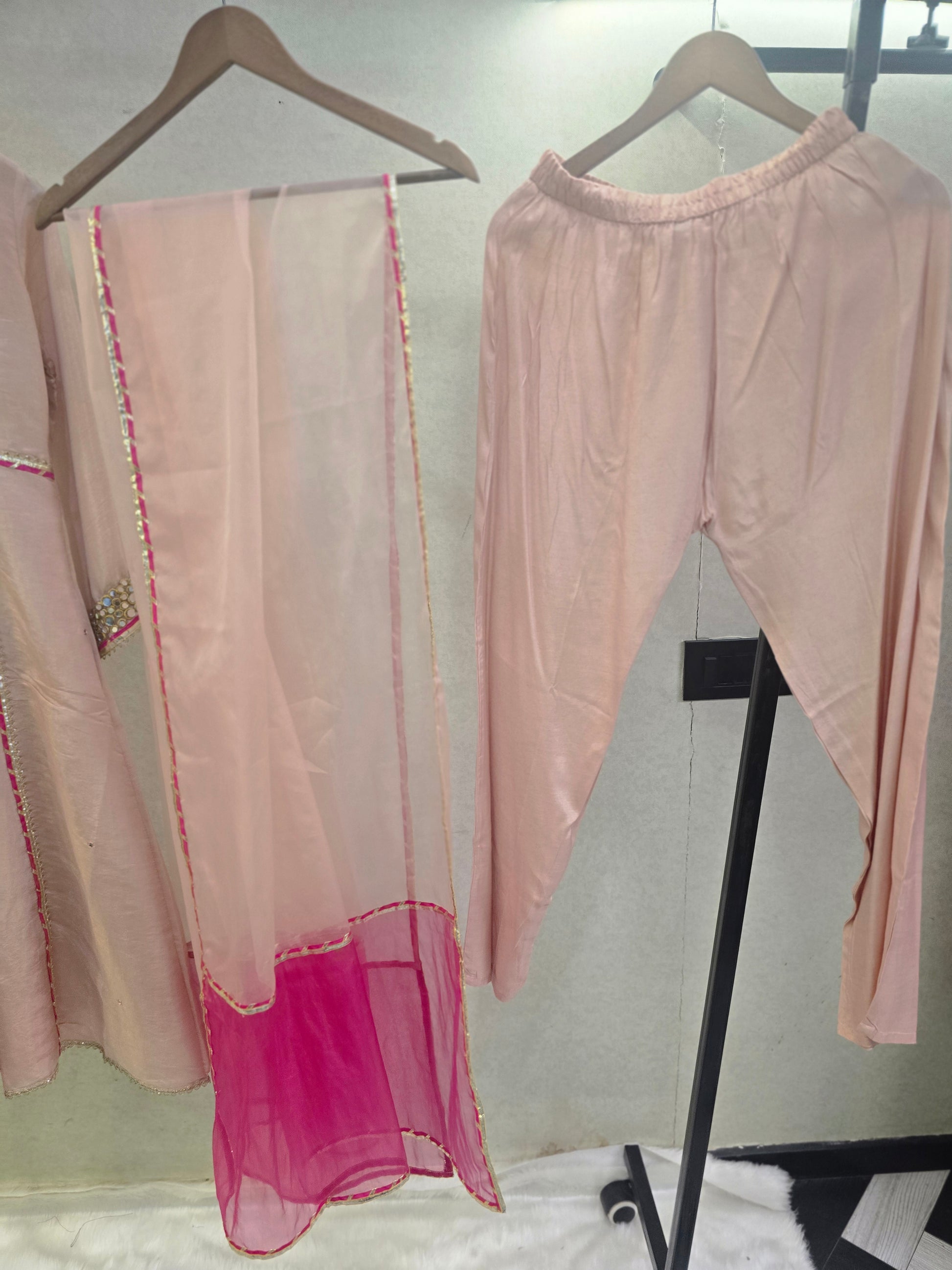 Blush Pink Hand-Embroidered Kurta Set with Contrast Organza Dupatta | Premium 3 Piece Ethnic Suit