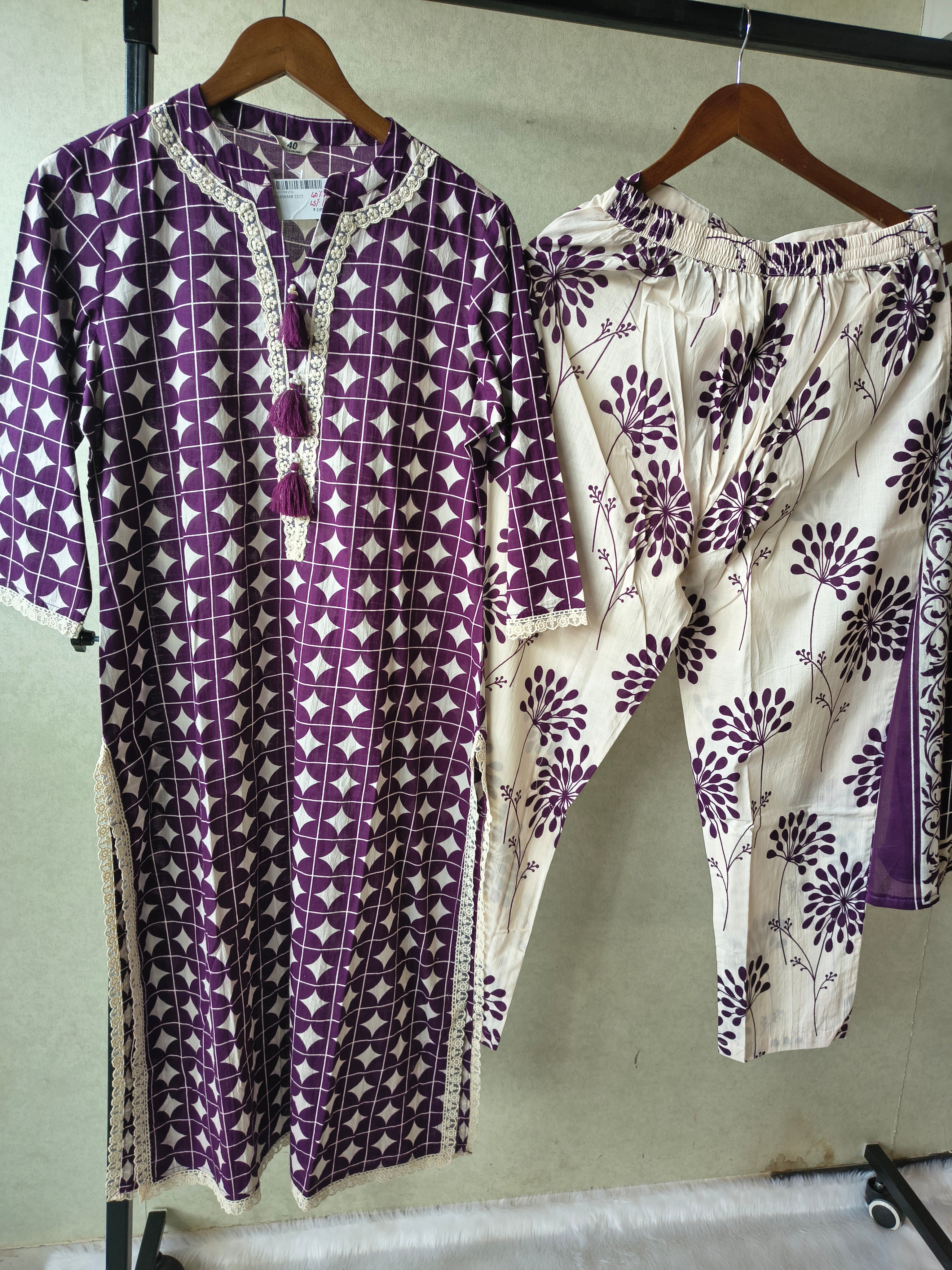 Image of Premium Plum Geometric Printed Cotton Kurta Set with Floral Printed Pants & Dupatta