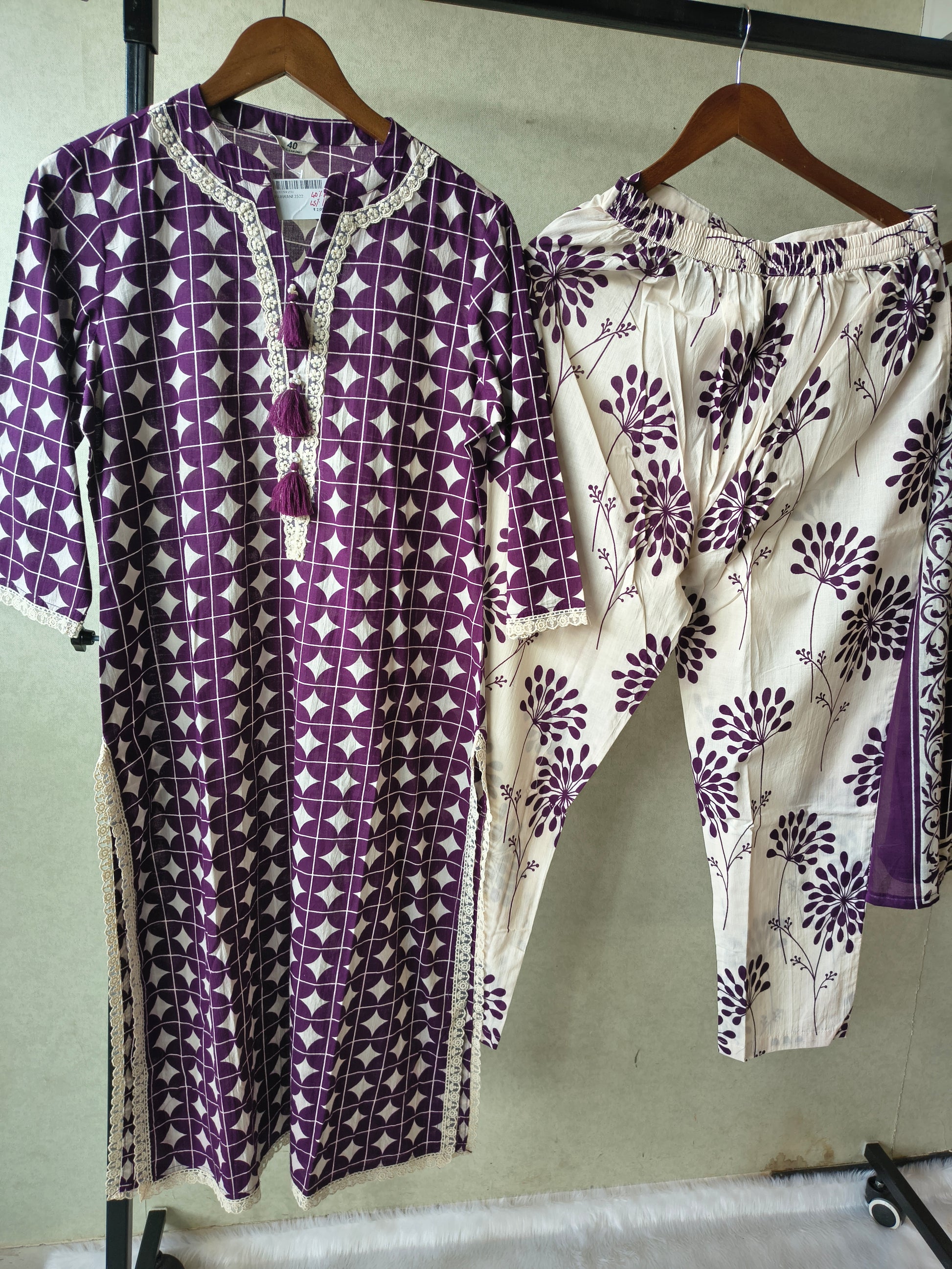 Premium Plum Geometric Printed Cotton Kurta Set with Floral Printed Pants & Dupatta