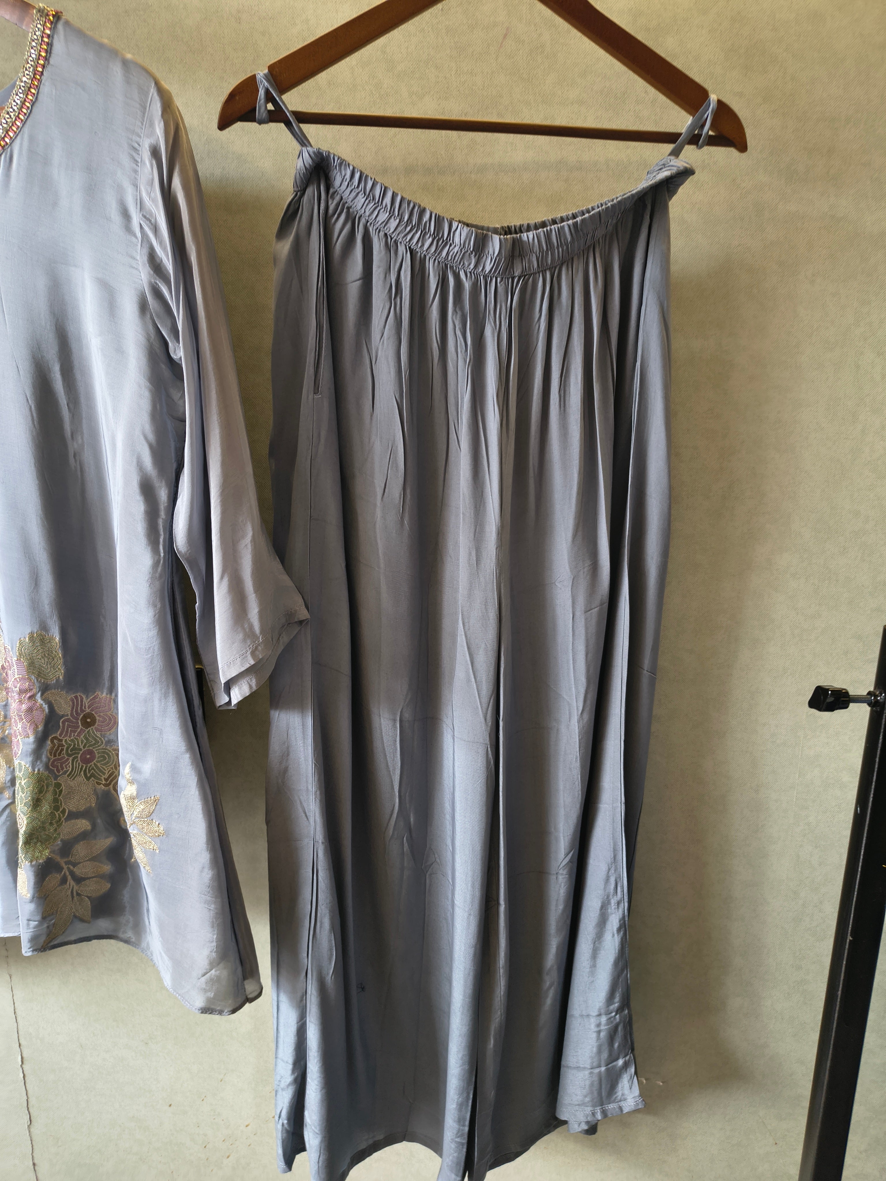 Image of Grey Embroidered Premium Silk Co-Ord Set