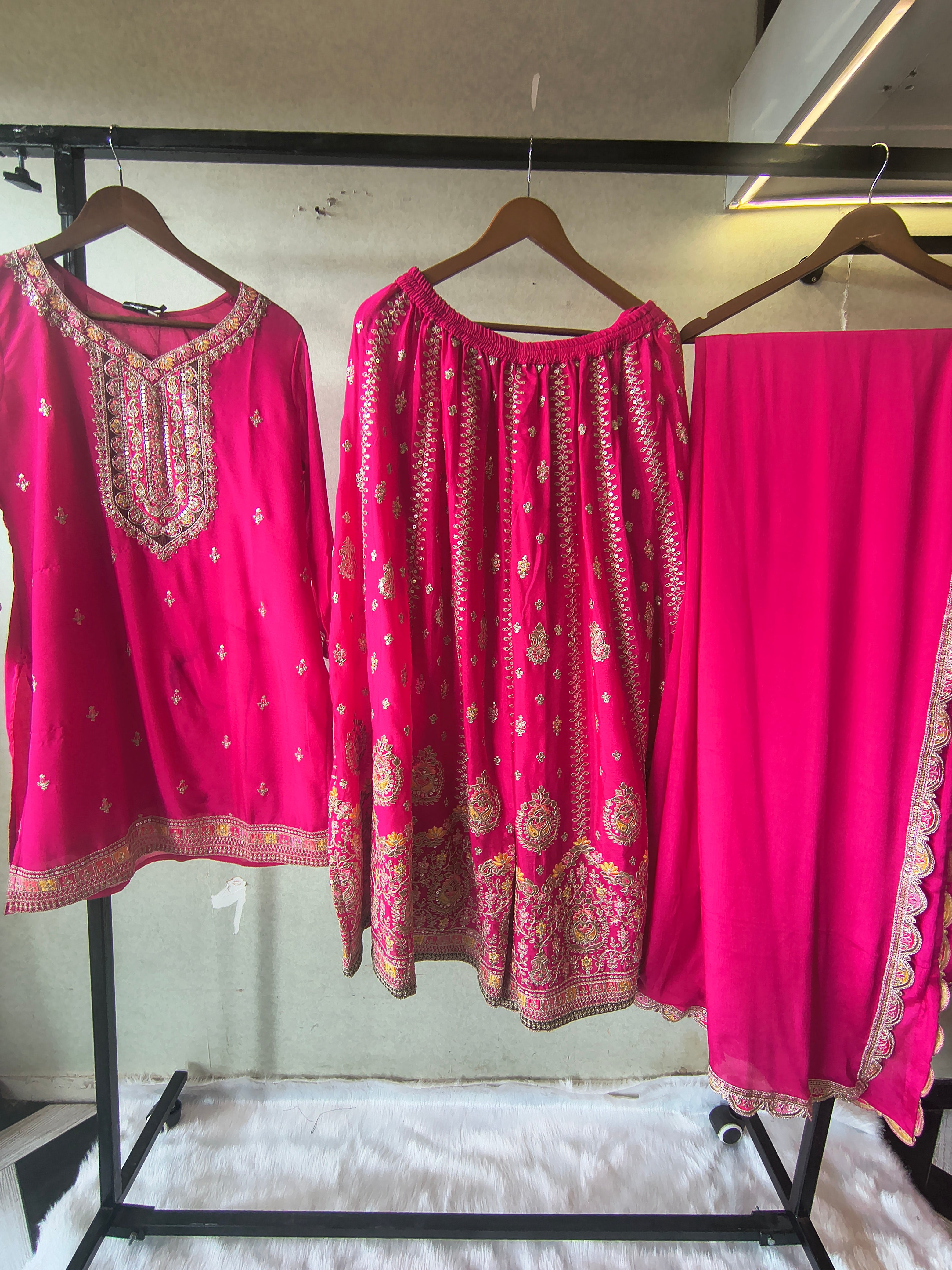 Image of Rani Pink Embroidered Kurta Sharara Set with Scalloped Dupatta – Premium 3 Piece Festive Ensemble