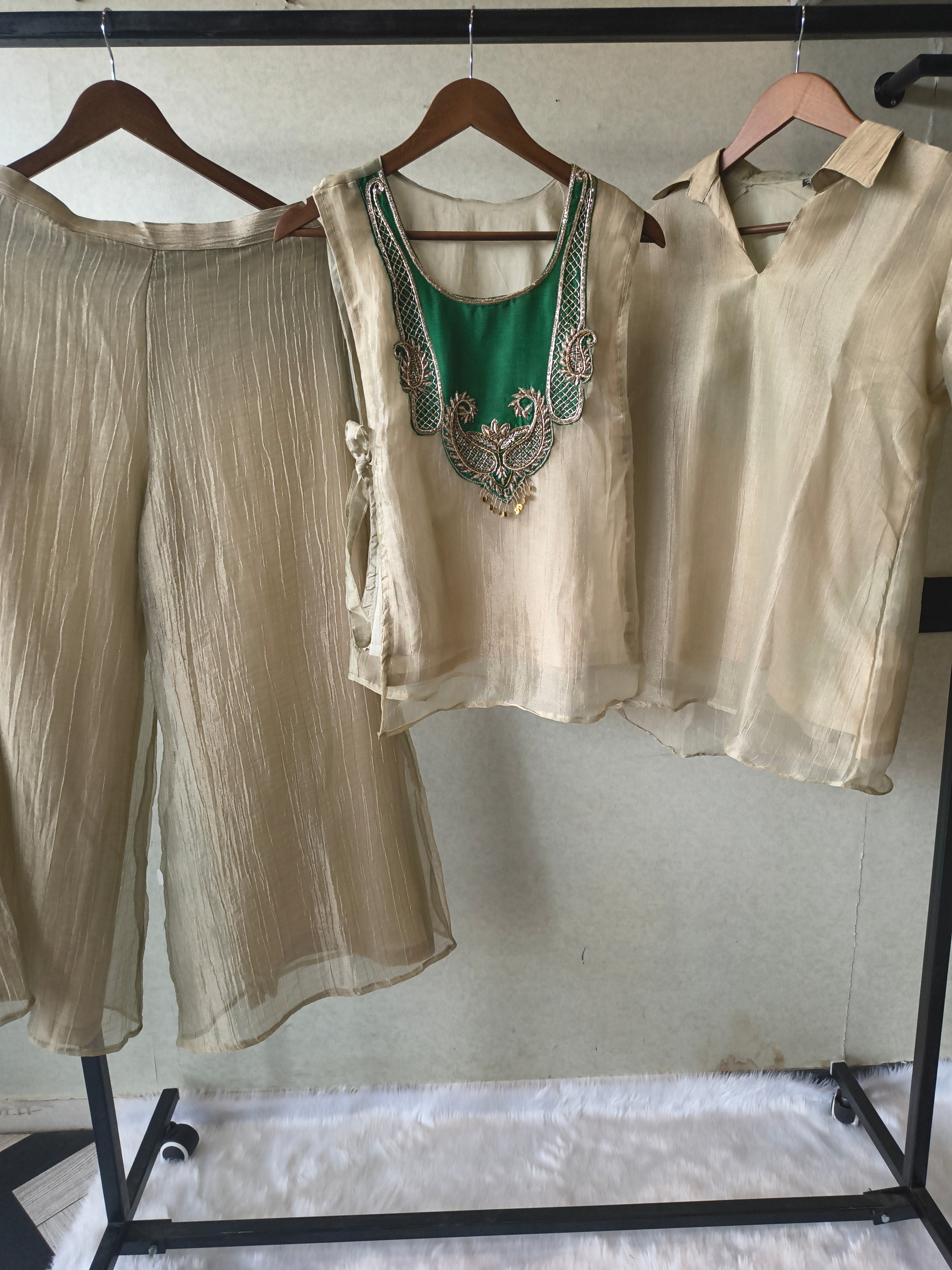 Image of Premium Champagne Gold Tissue Silk 3-Piece Co-Ord Set with Emerald Hand Embellished Jacket, Inner & Palazzo