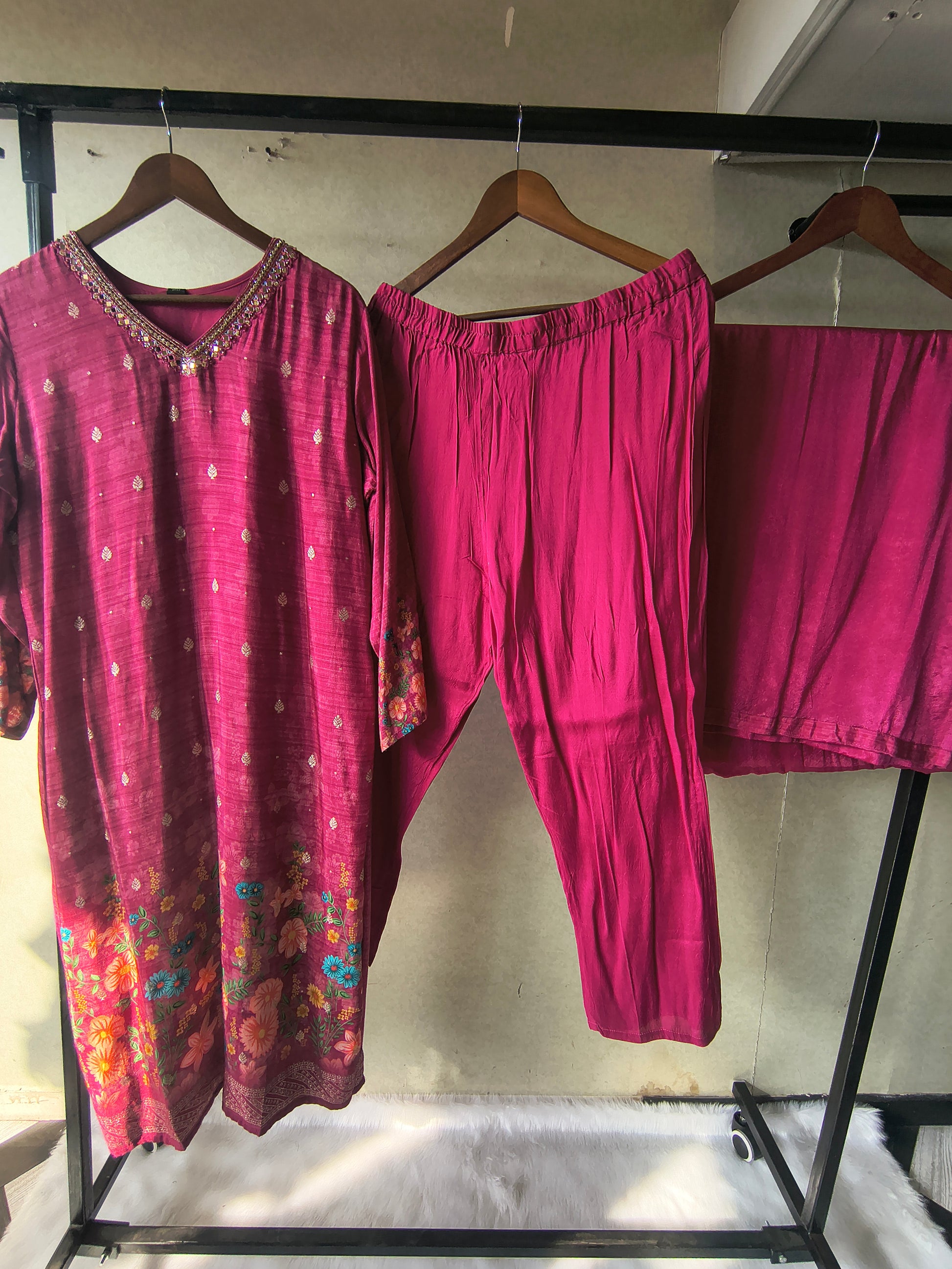 Premium Magenta Floral Printed Kurta Set with Solid Pants & Dupatta