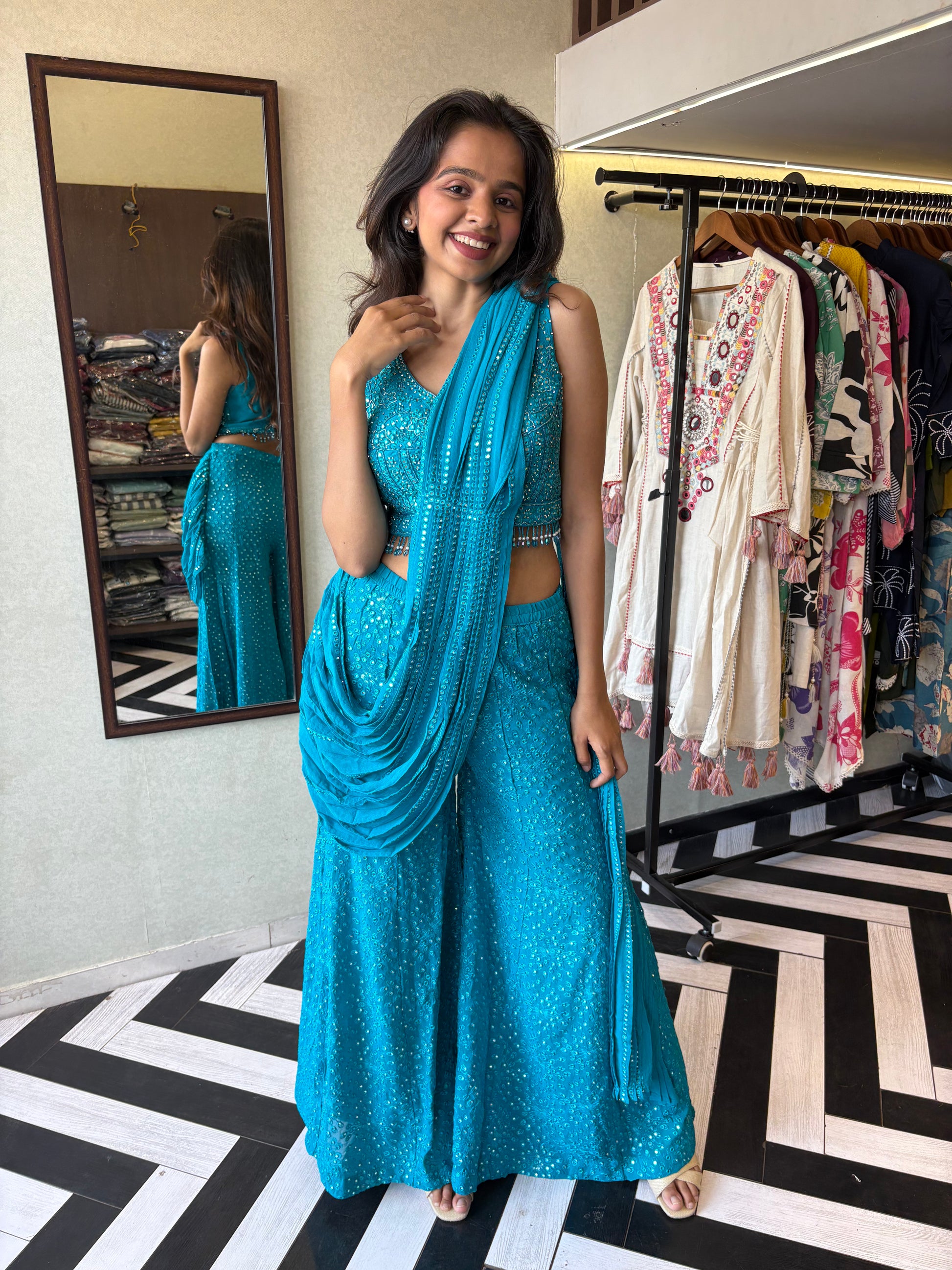 Our Deep Blue Indo-Western Plazzo Set - where bold meets beautiful!