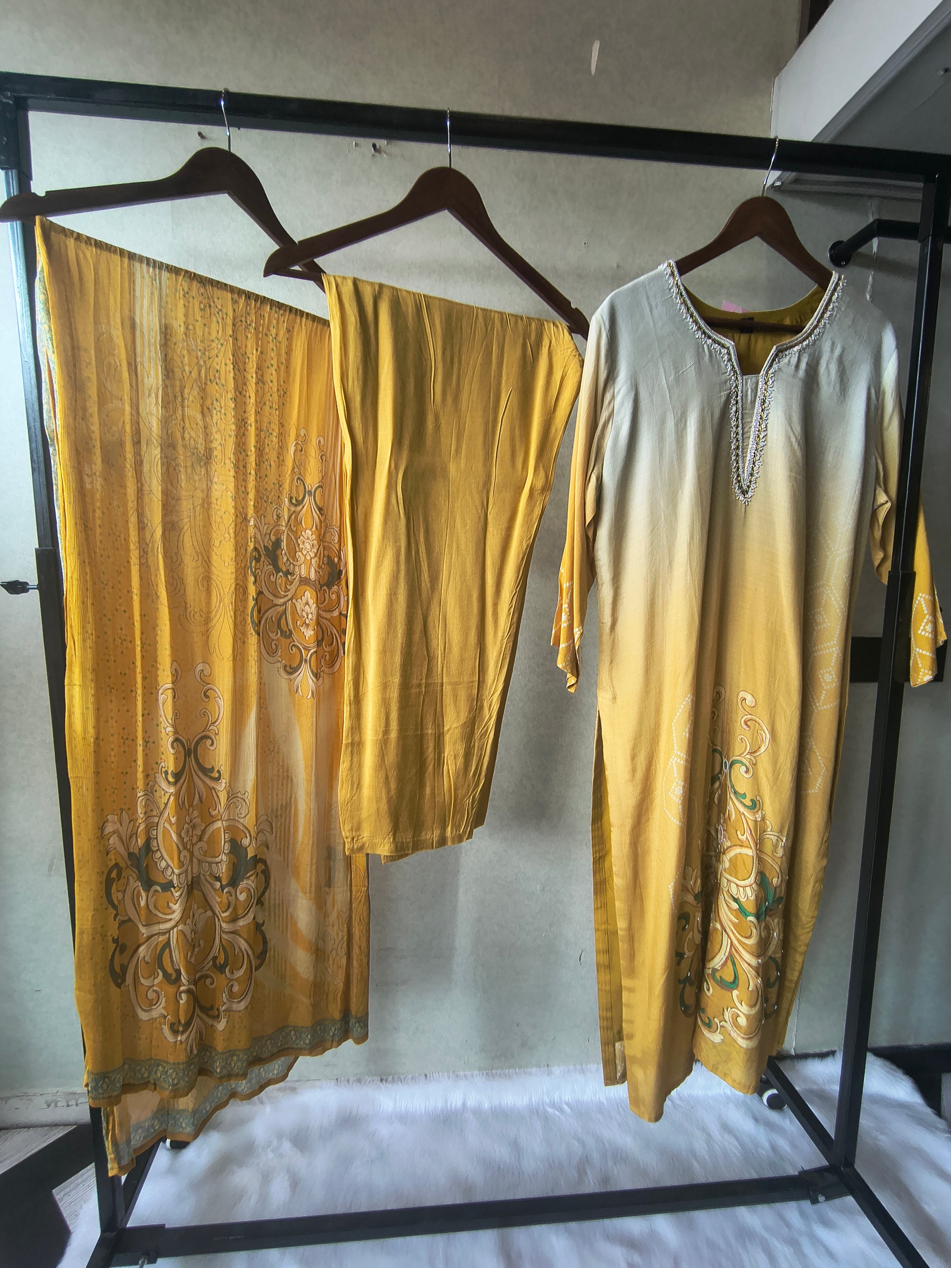 Premium Mustard Yellow Ornamental Print Straight Kurta Set with Designer Dupatta & Straight Pants