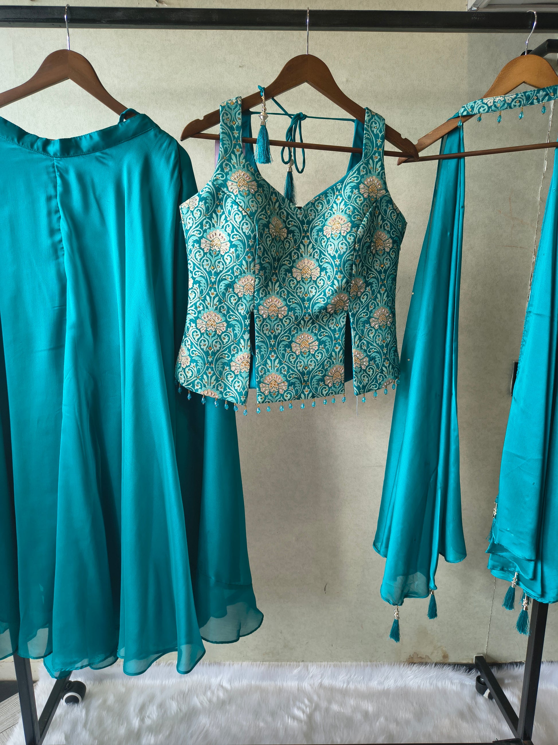 Premium Turquoise Blue 3-Piece Designer Lehenga Set with Brocade Embroidered Blouse & Tassel Dupatta