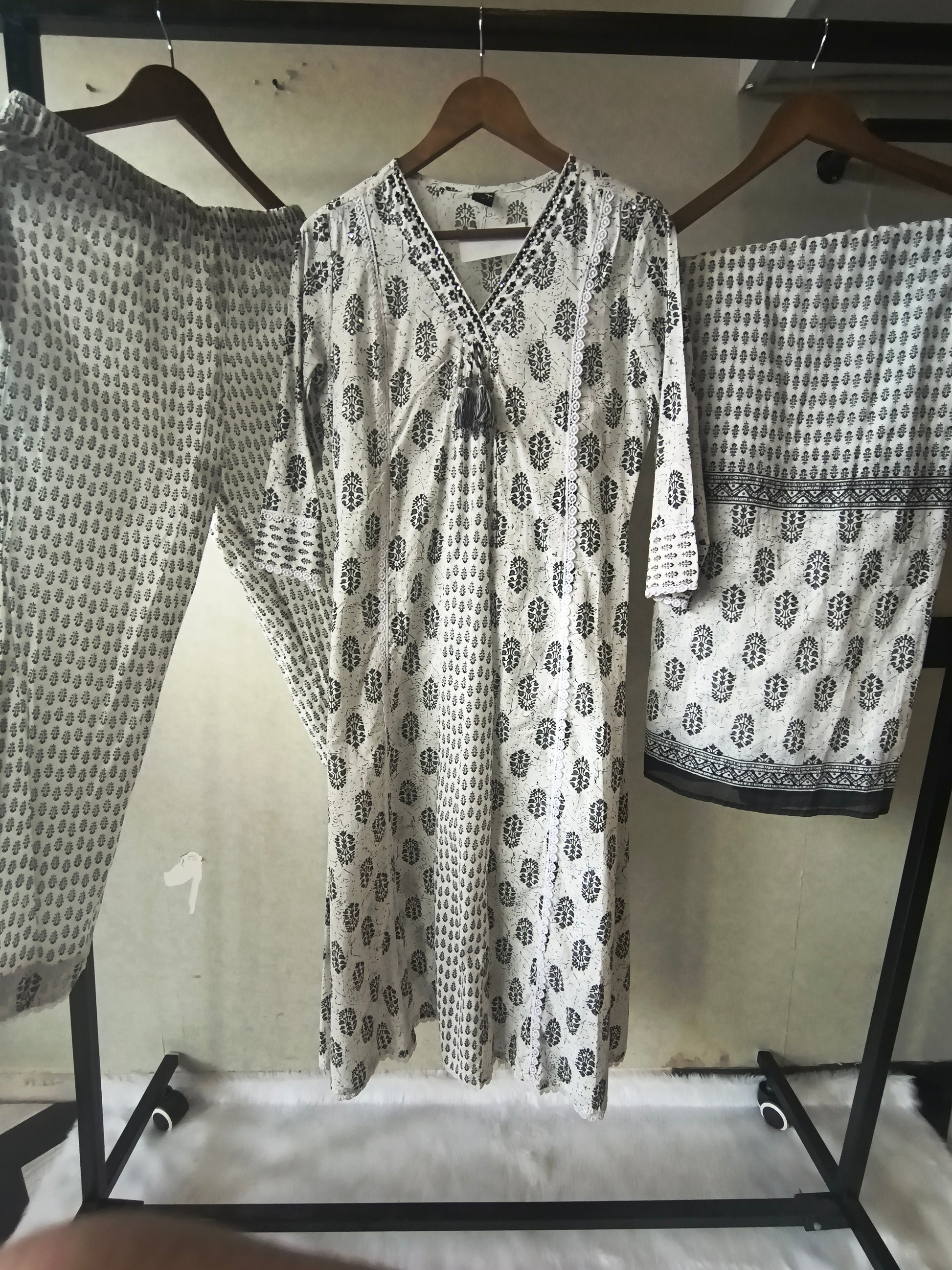 Premium Black & White Hand Block Printed Cotton Anarkali Kurta Set with Printed Pants & Dupatta