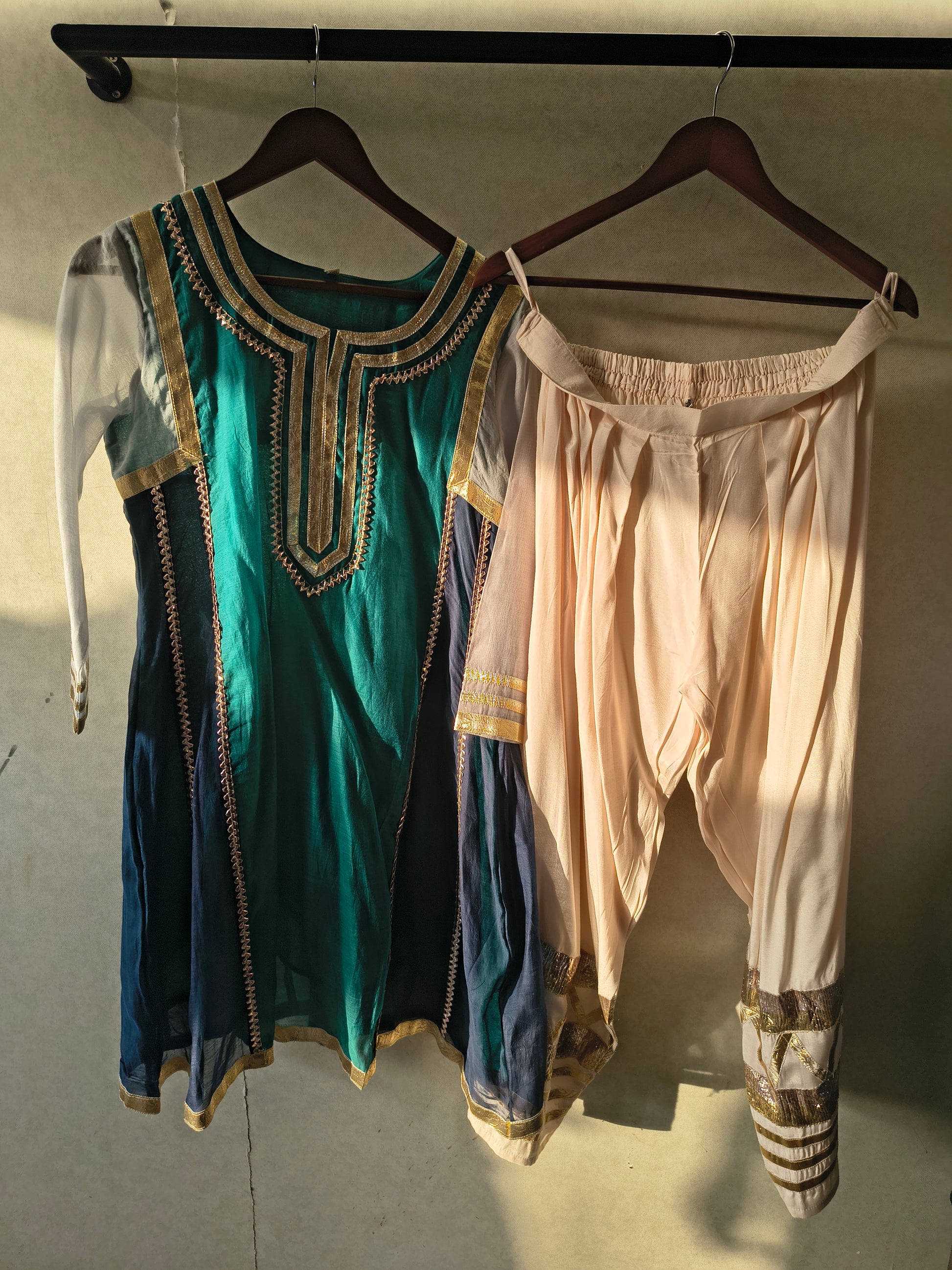 Teal & Navy Colour Block Designer Kurta Set with Gota Patti Dhoti Pants