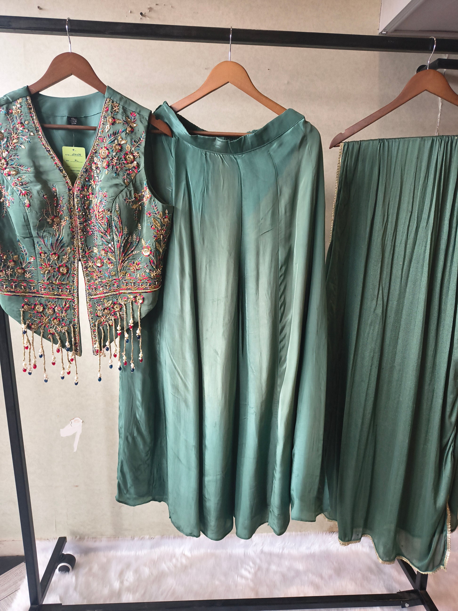 Premium Emerald Green Satin Silk 3-Piece Lehenga Set with Hand Embroidered Crop Jacket & Dupatta