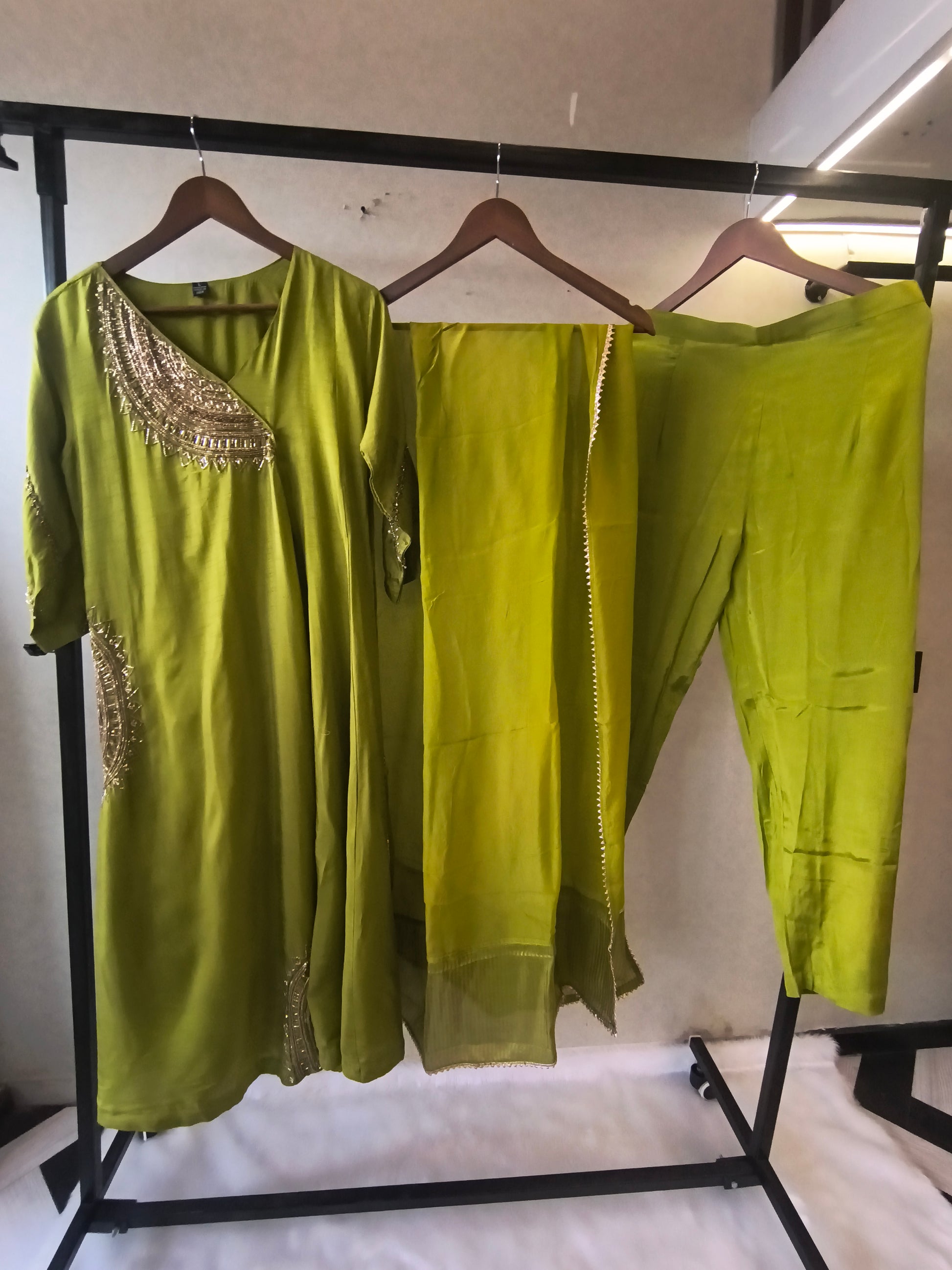 Lime Green Hand-Embroidered Designer Kurta Set with Organza Dupatta | Premium 3 Piece Ethnic Suit
