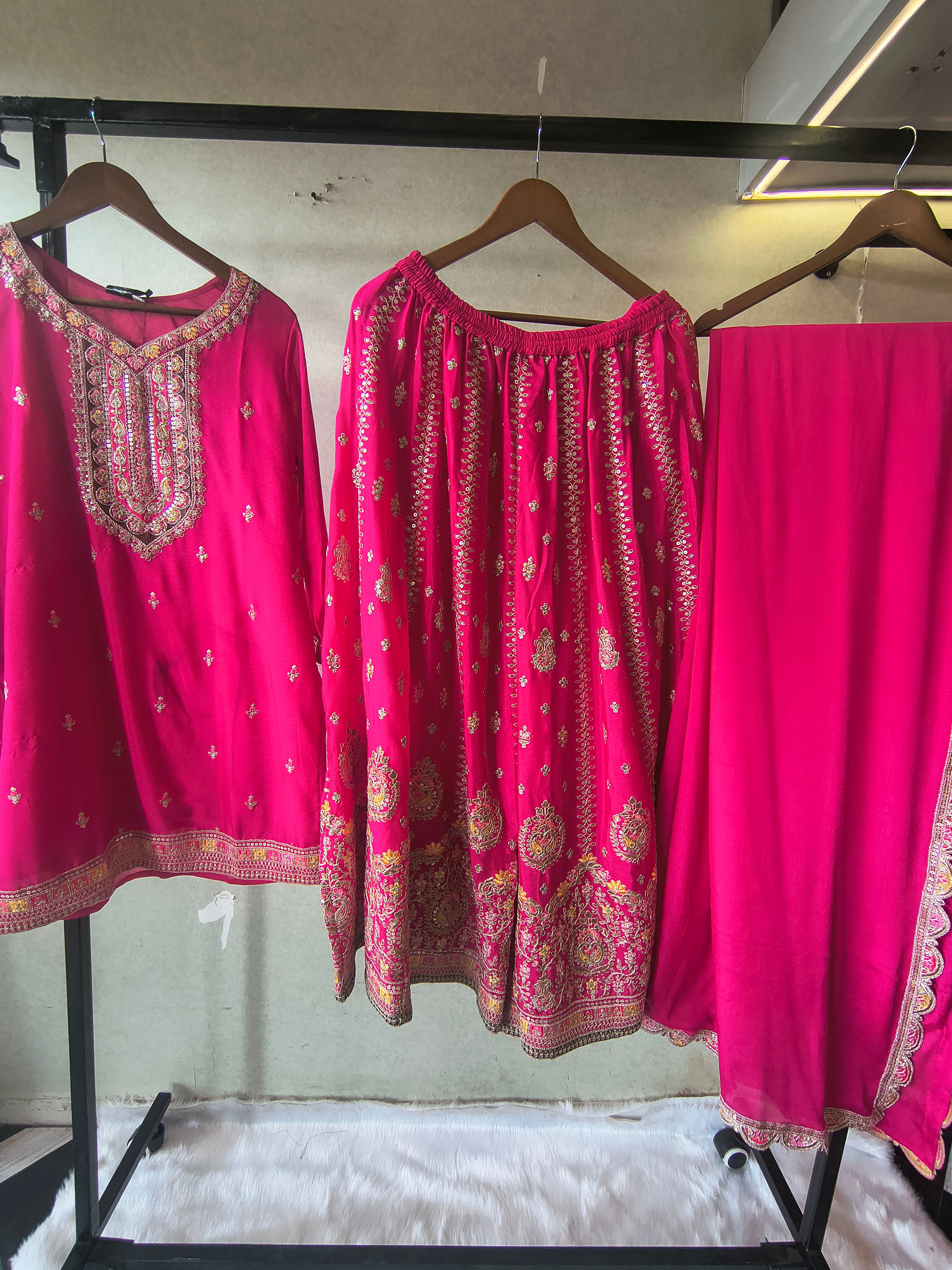 Image of Rani Pink Embroidered Kurta Sharara Set with Scalloped Dupatta – Premium 3 Piece Festive Ensemble