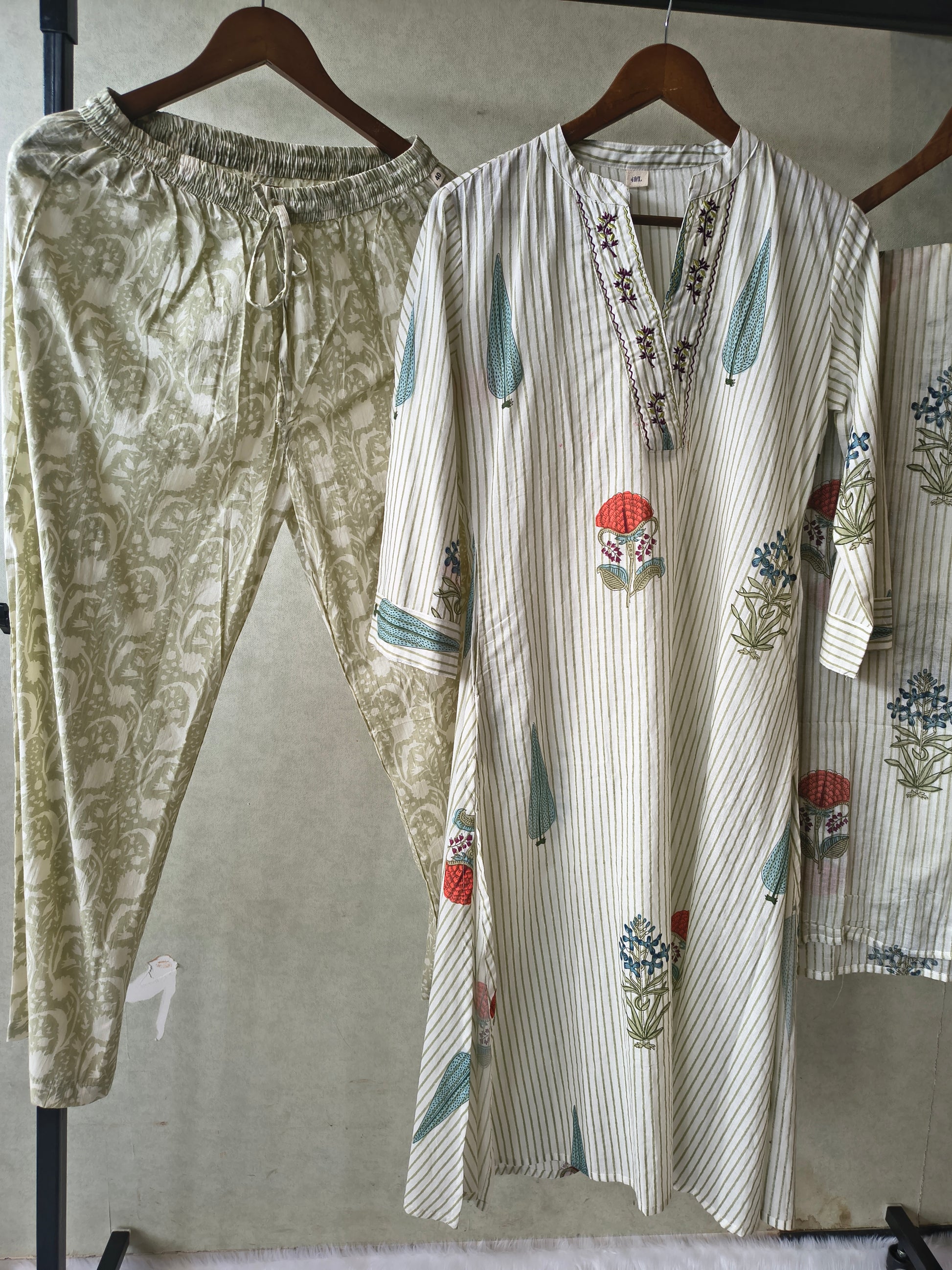 Premium Ivory Handblock Printed Cotton Straight Kurta Set with Printed Pants & Dupatta