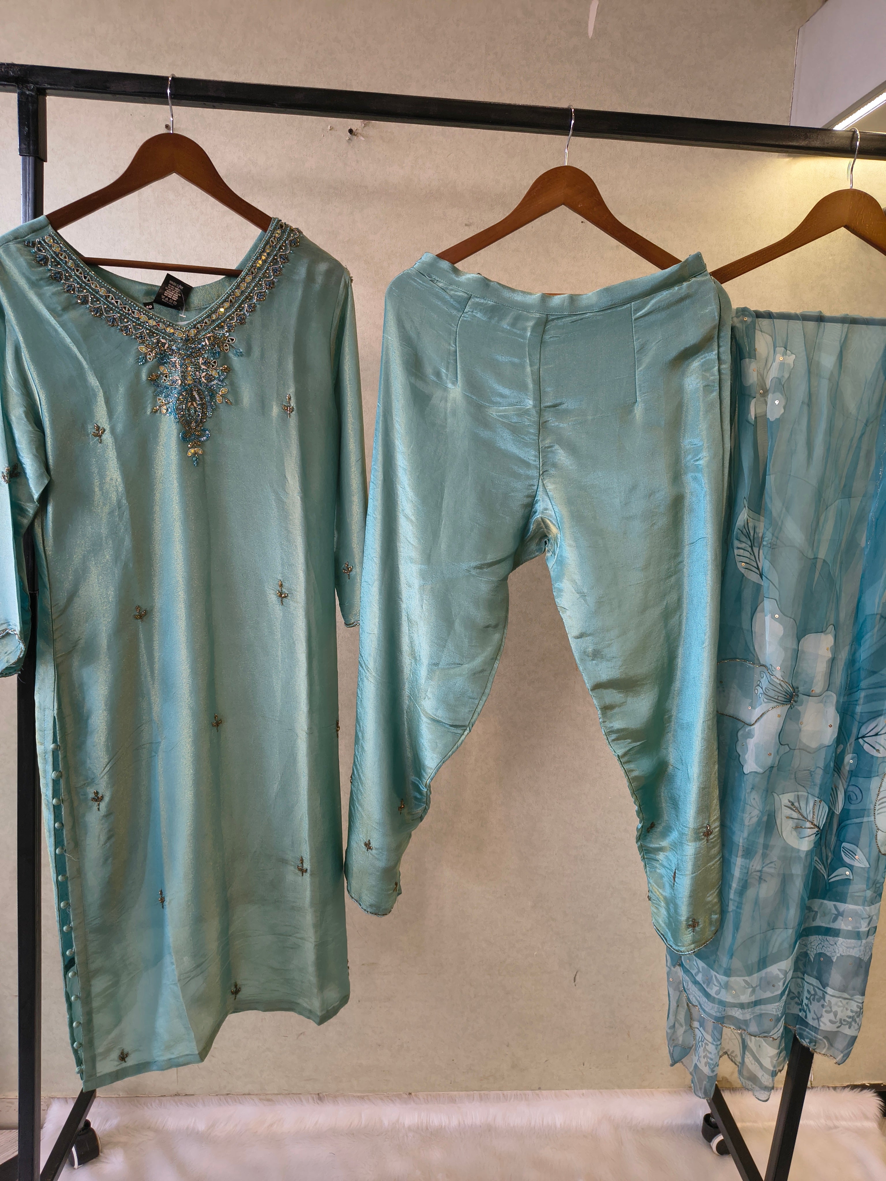 Image of Ice Blue Hand-Embroidered Designer Kurta Set with Floral Organza Dupatta | Premium 3 Piece Ethnic Suit