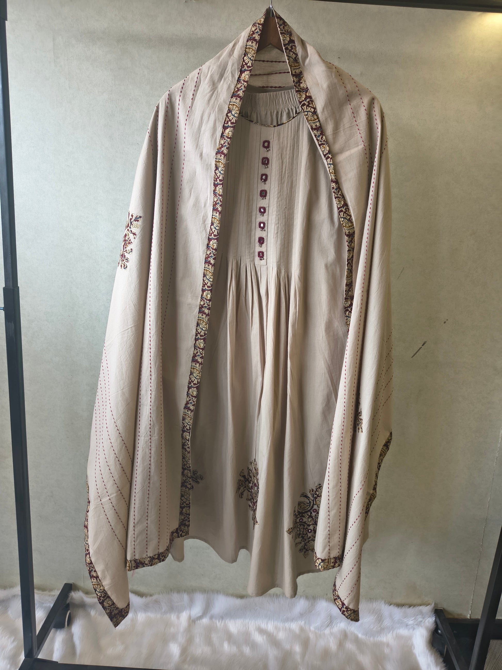 Beige Embroidered Three-Piece Kurta Set with Pintuck Detailing & Designer Dupatta