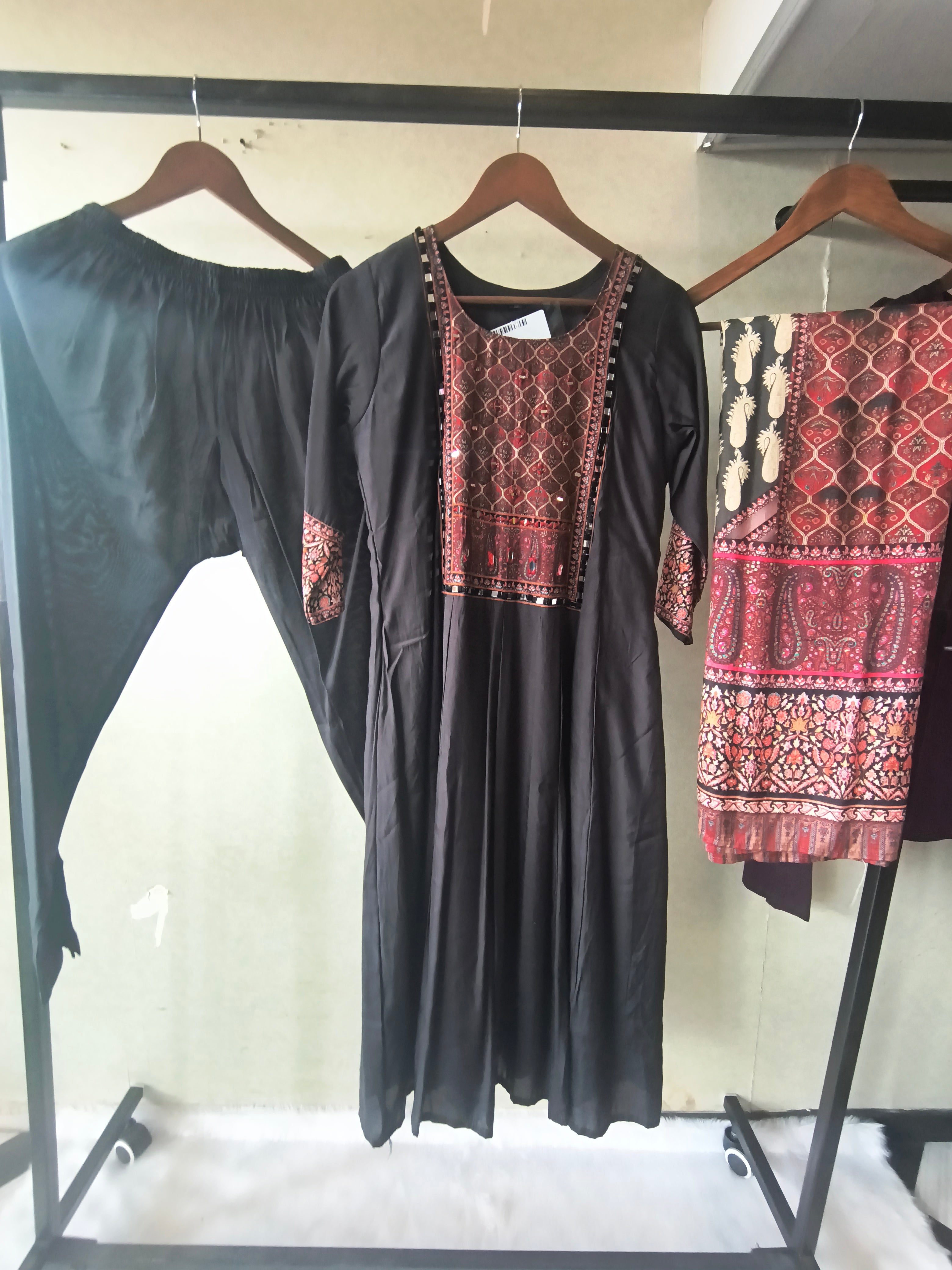 Image of Premium Black Printed Anarkali Kurta Set with Ethnic Yoke, Solid Pants & Designer Dupatta